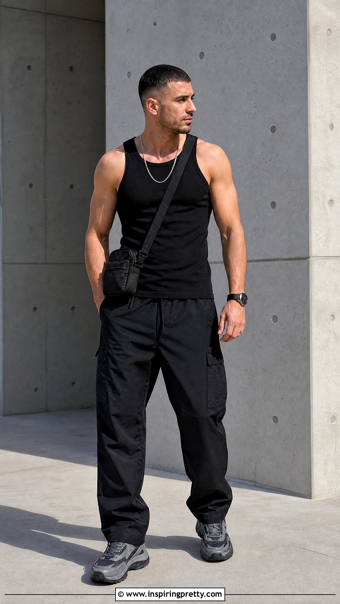 Black Tank Top With Black Cargo Pants And Sneakers - 50 black tank top outfit men