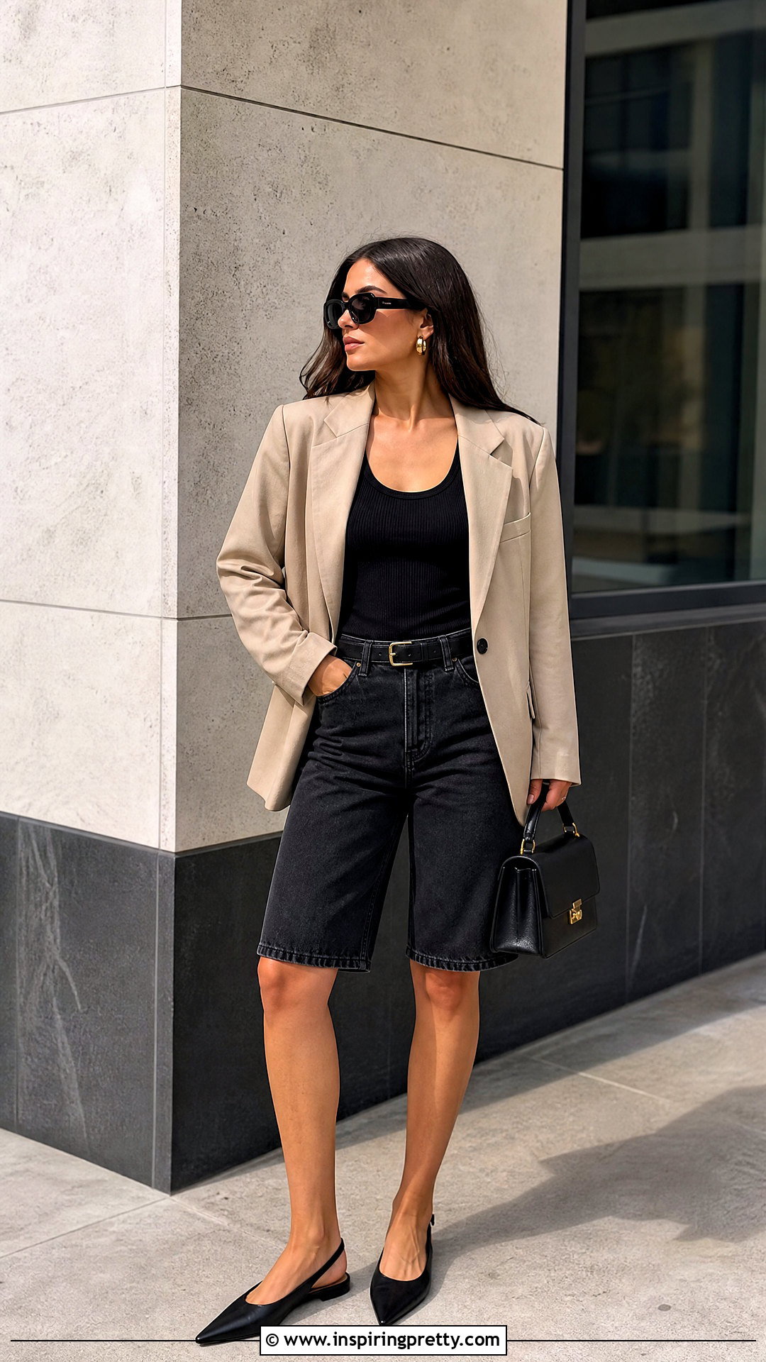Black Tank Top With Black Denim Shorts And Blazer - 20 black shorts and tank top outfit ideas