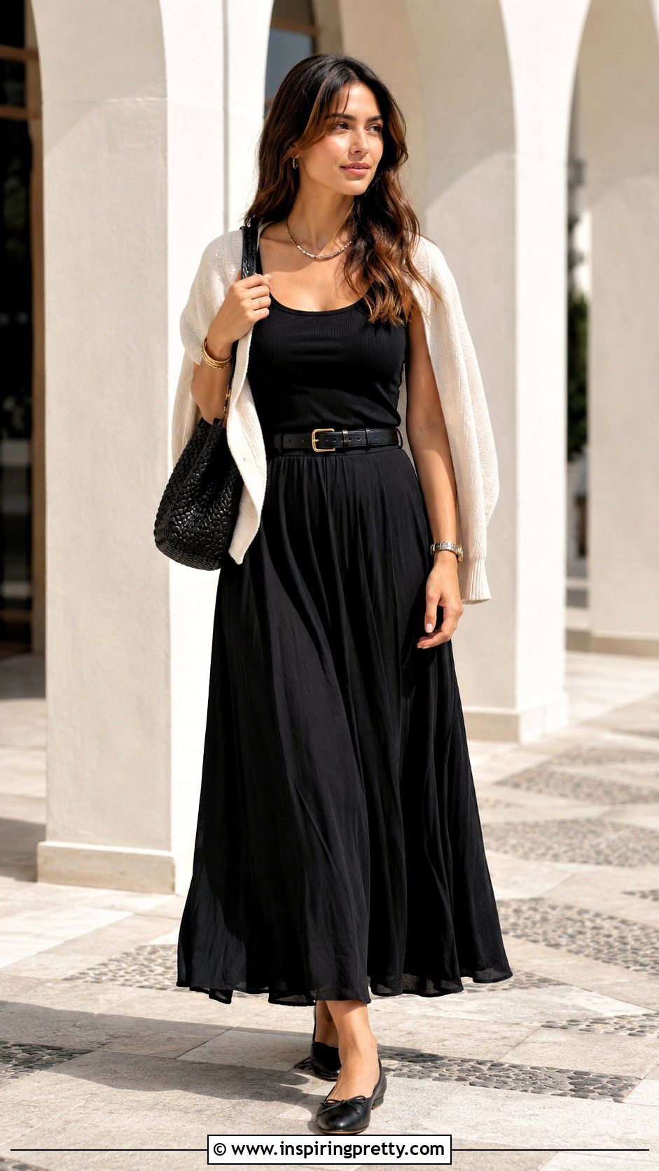 Black Tank Top With Black Maxi Skirt And Ballet Flats - How To Style Black Tank Top Aesthetic (20 Ways)