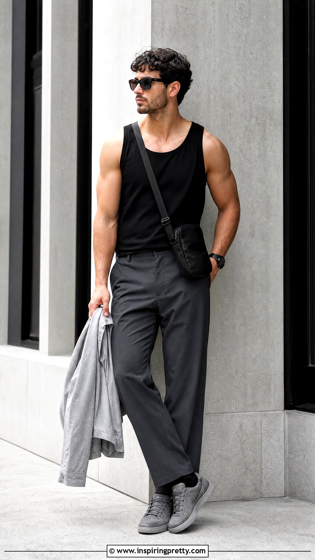 Black Tank Top With Charcoal Pants And Gray Sneakers - 50 black tank top outfit men