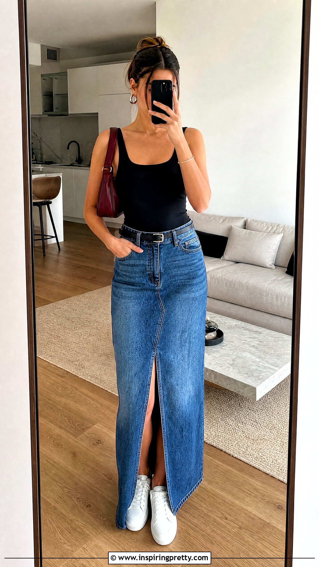 Black Tank Top With Denim Maxi Skirt - 50 selfie tank top outfit ideas