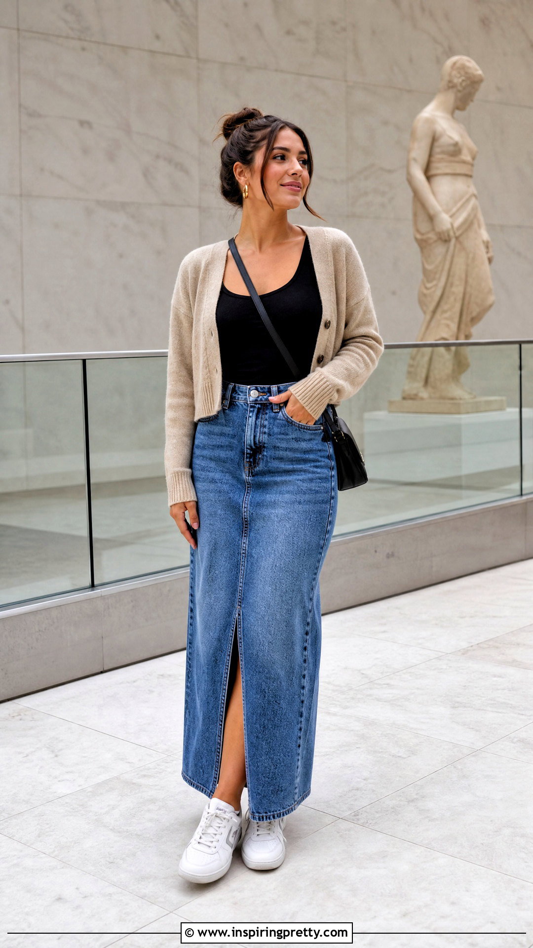 Black Tank Top With Denim Maxi Skirt And Sneakers - 50 black tank top outfit ideas