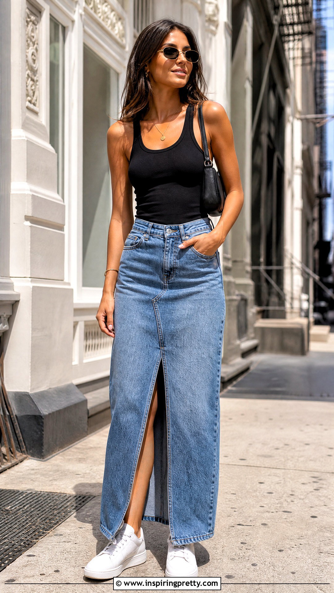 Black Tank Top With Denim Maxi Skirt - 20 Tank Tops Street Style Ideas