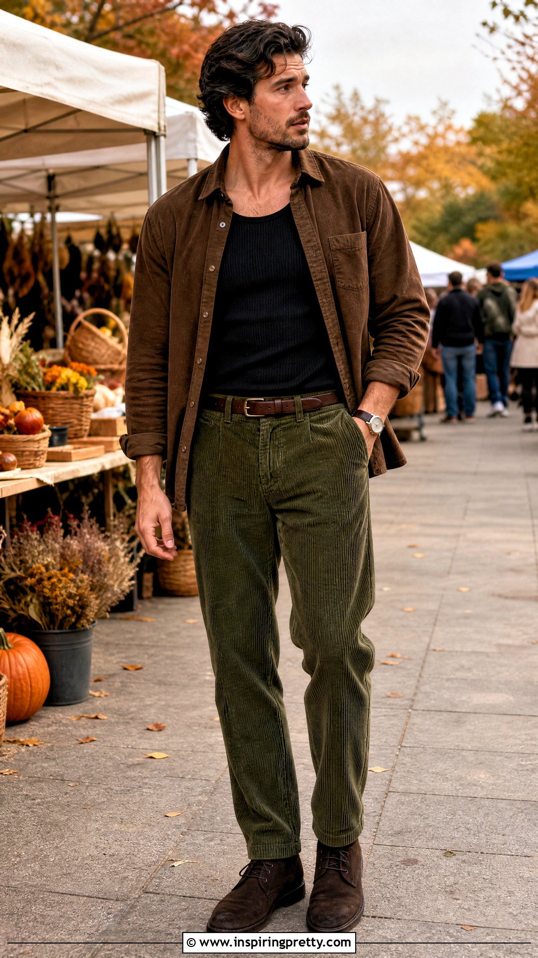 Black Tank Top With Fall Overshirt And Corduroy Pants - 50 black tank top outfit men