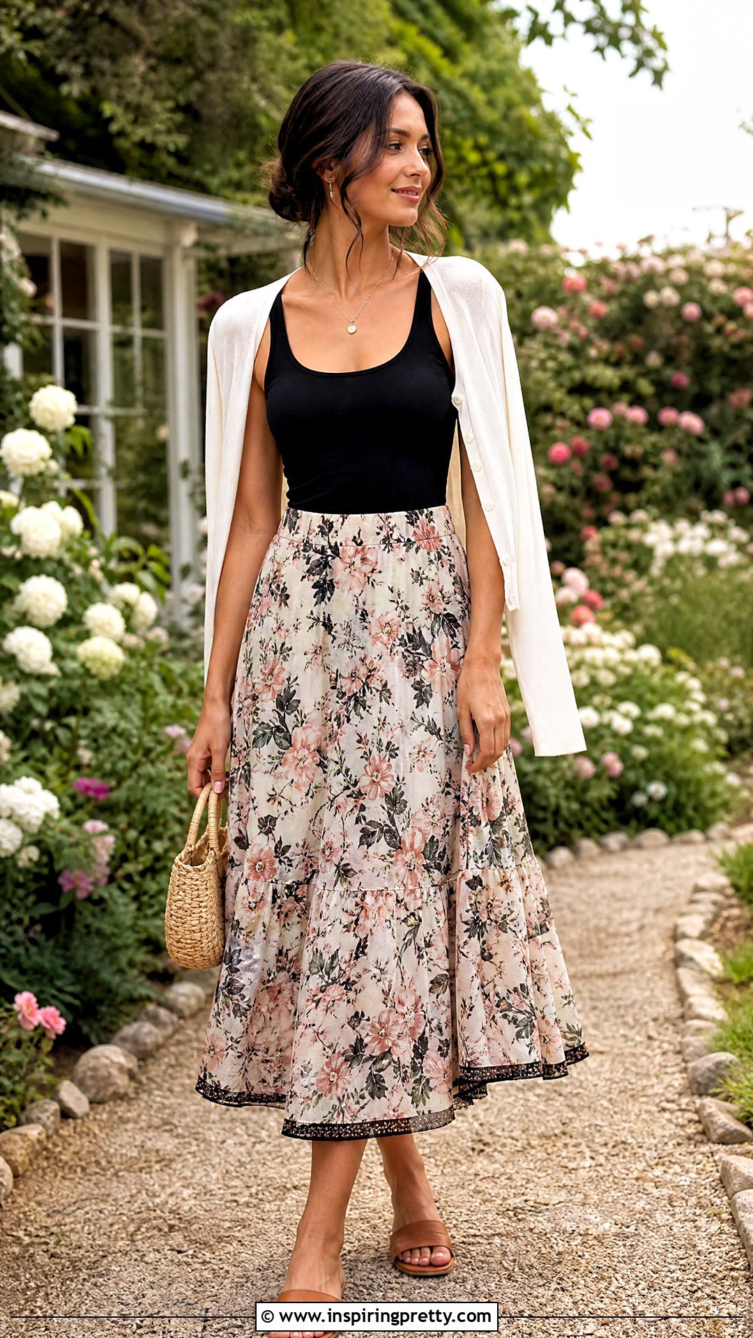 Black Tank Top With Floral Midi Skirt And Sandals - 50 black tank top outfit ideas