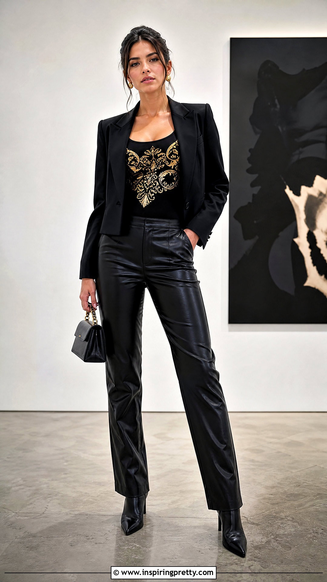 Black Tank Top With Gold Print And Leather Pants - 20 black tank top with gold print outfit ideas