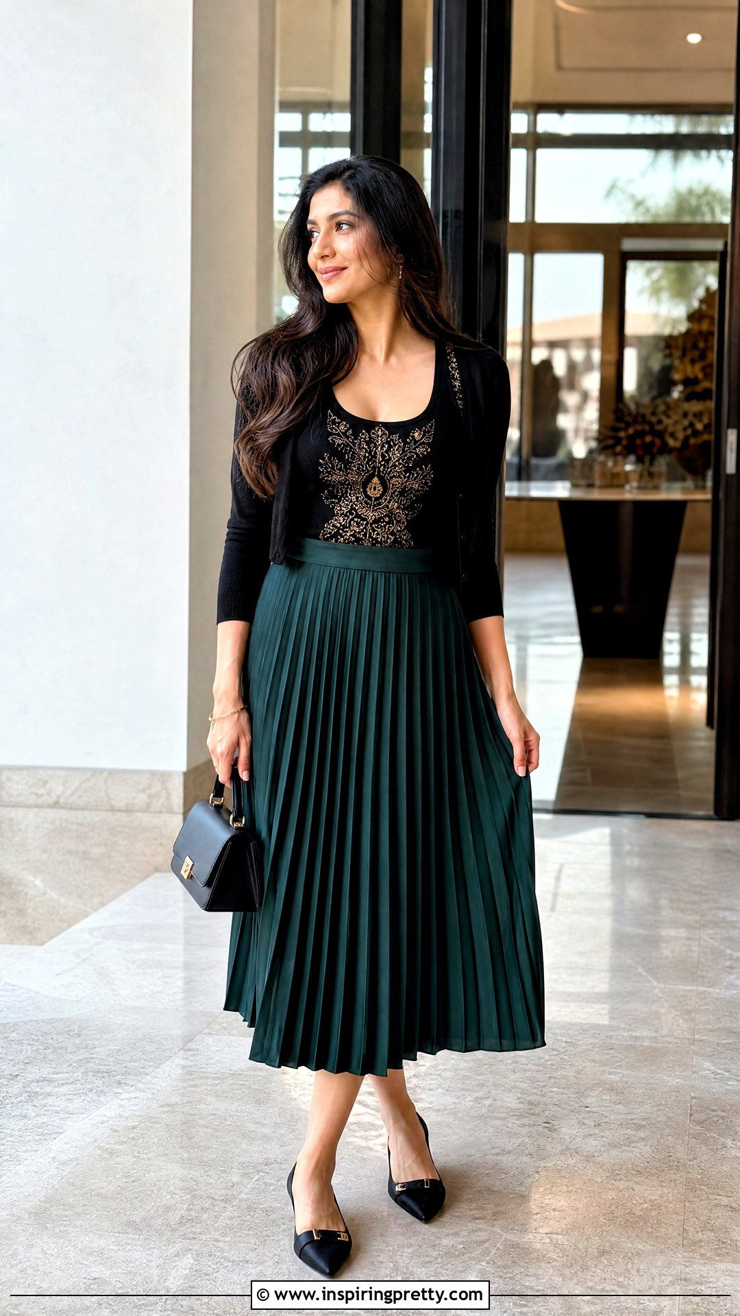 Black Tank Top With Gold Print And Pleated Midi Skirt - 20 black tank top with gold print outfit ideas
