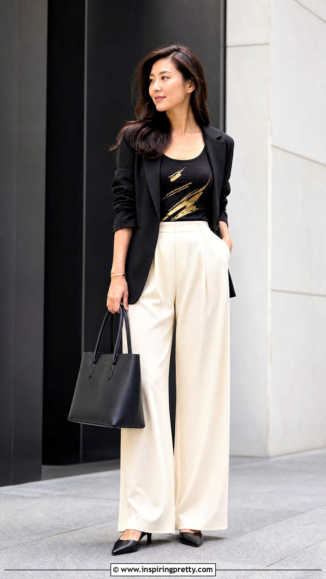 Black Tank Top With Gold Print And Wide Leg Trousers - 20 black tank top with gold print outfit ideas