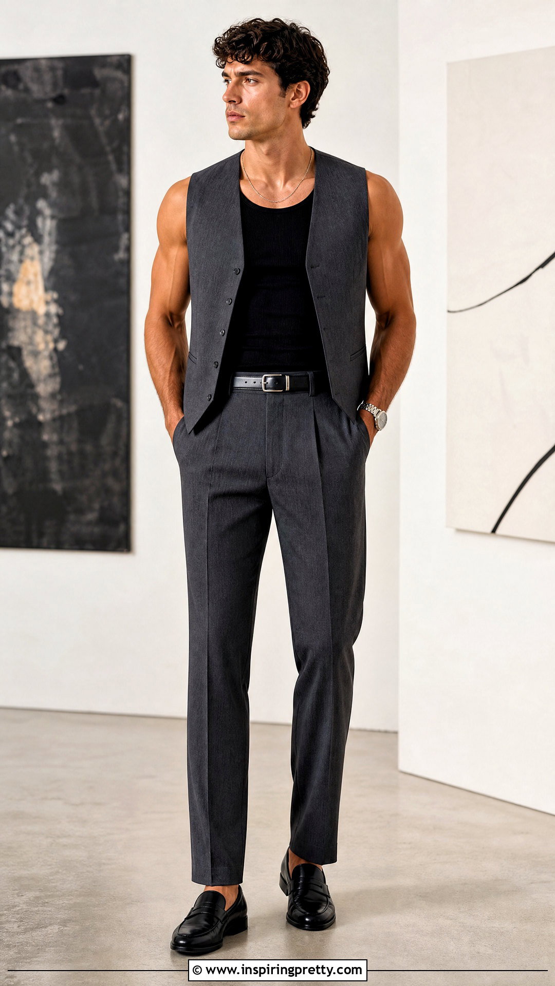 Black Tank Top With Gray Dress Pants And Suit Vest - 25 Tank Top And Dress Pants Men