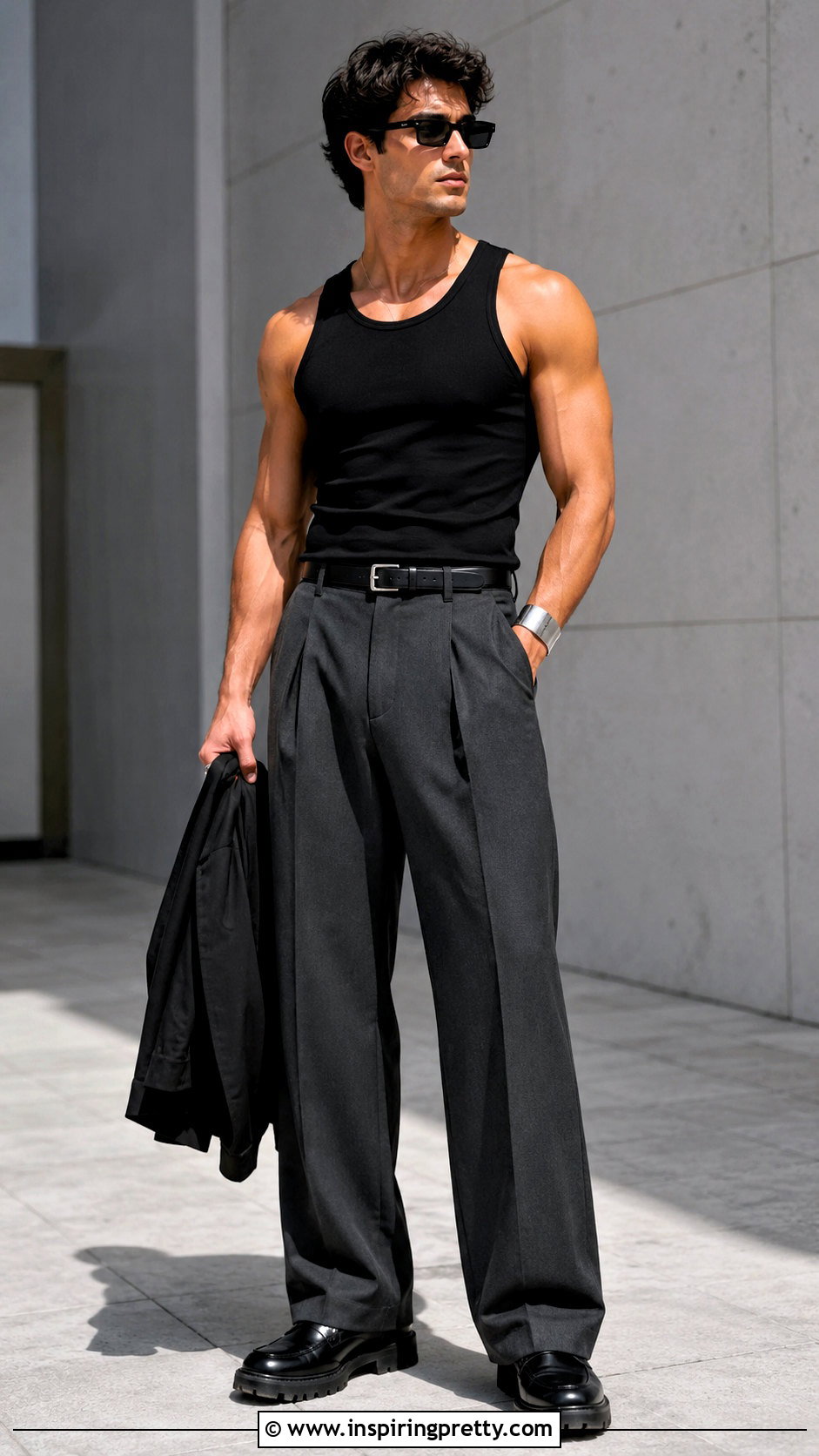 Black Tank Top With Gray Wide Leg Trousers - 25 Michele Morrone Tank Top outfit ideas