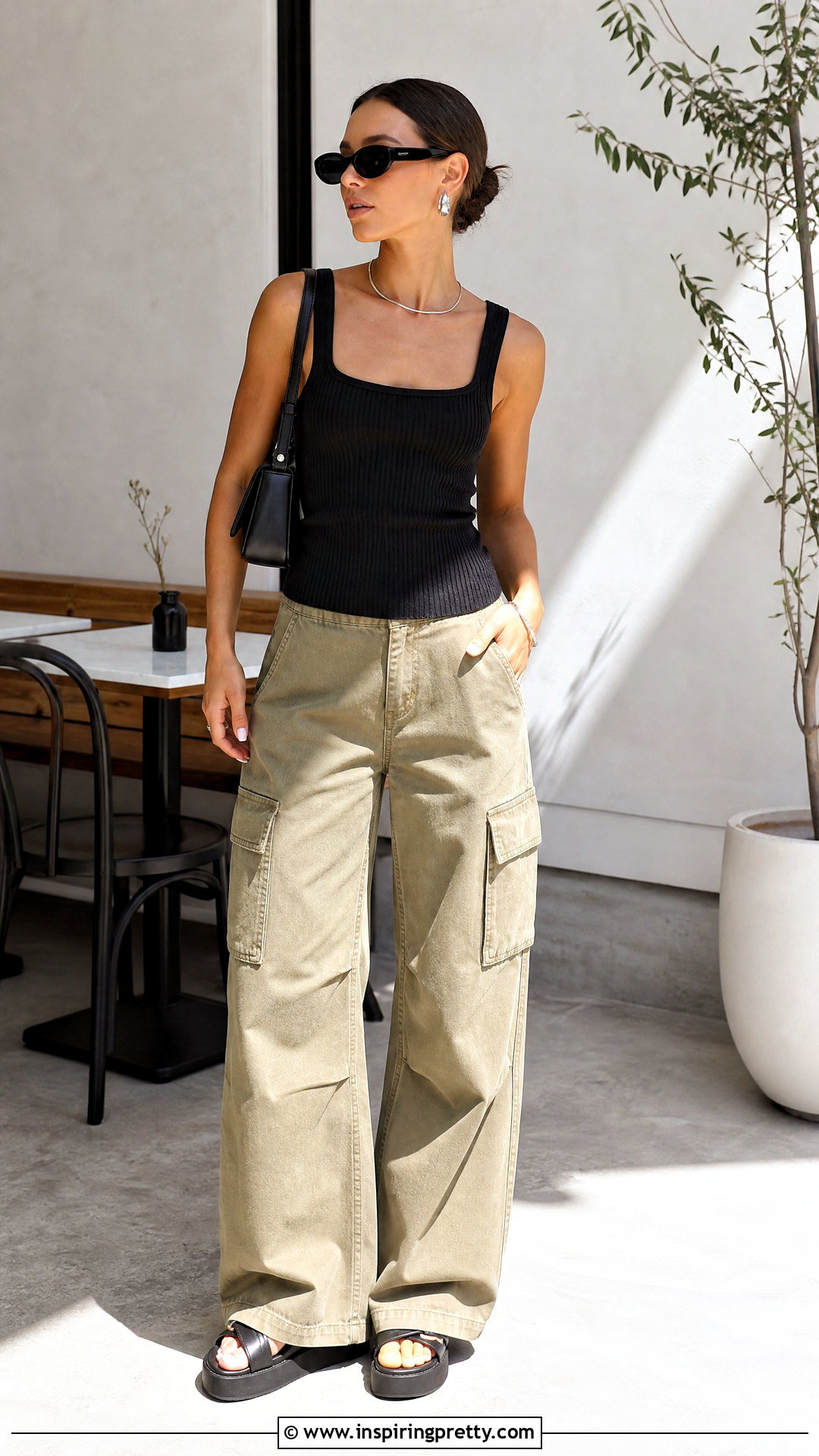 Black Tank Top With Khaki Cargo Pants - 20 tops that look good with cargo pants