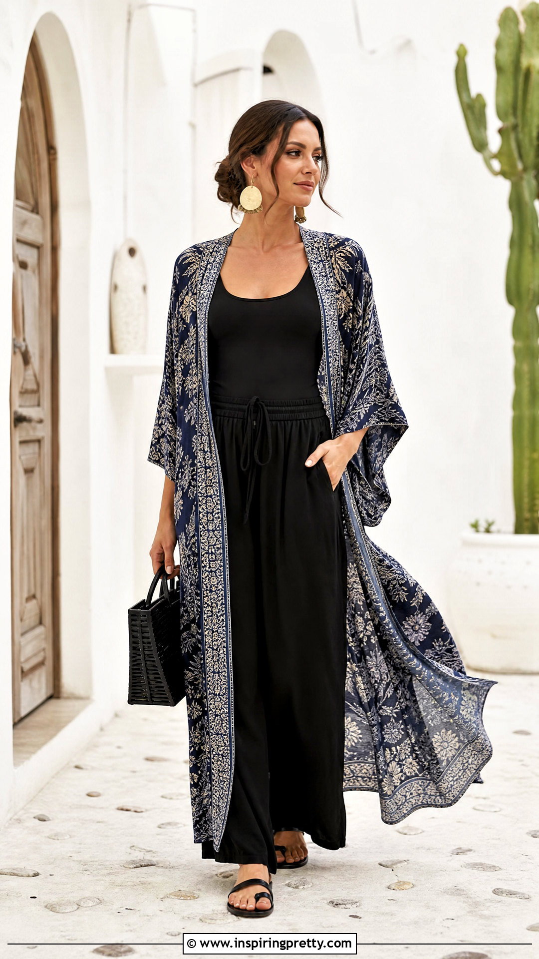Black Tank Top With Kimono And Wide Leg Pants - 50 black tank top outfit ideas