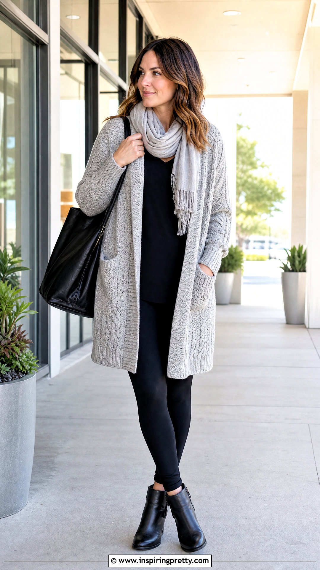 Black Tank Top With Long Cardigan And Leggings - 20 basic tank tops for layering ideas