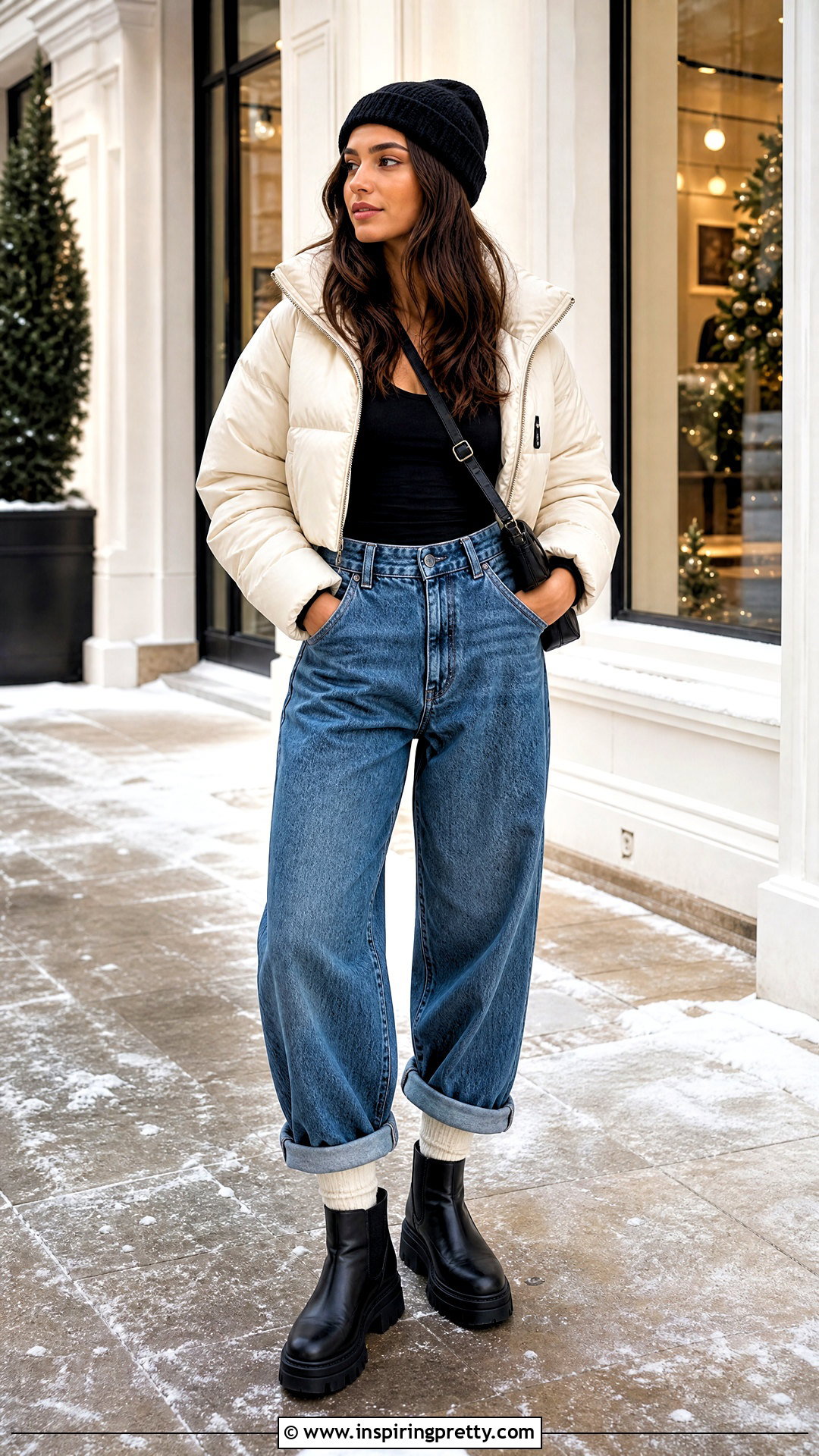 Black Tank Top With Puffer Jacket And Baggy Jeans - 50 black tank top outfit ideas