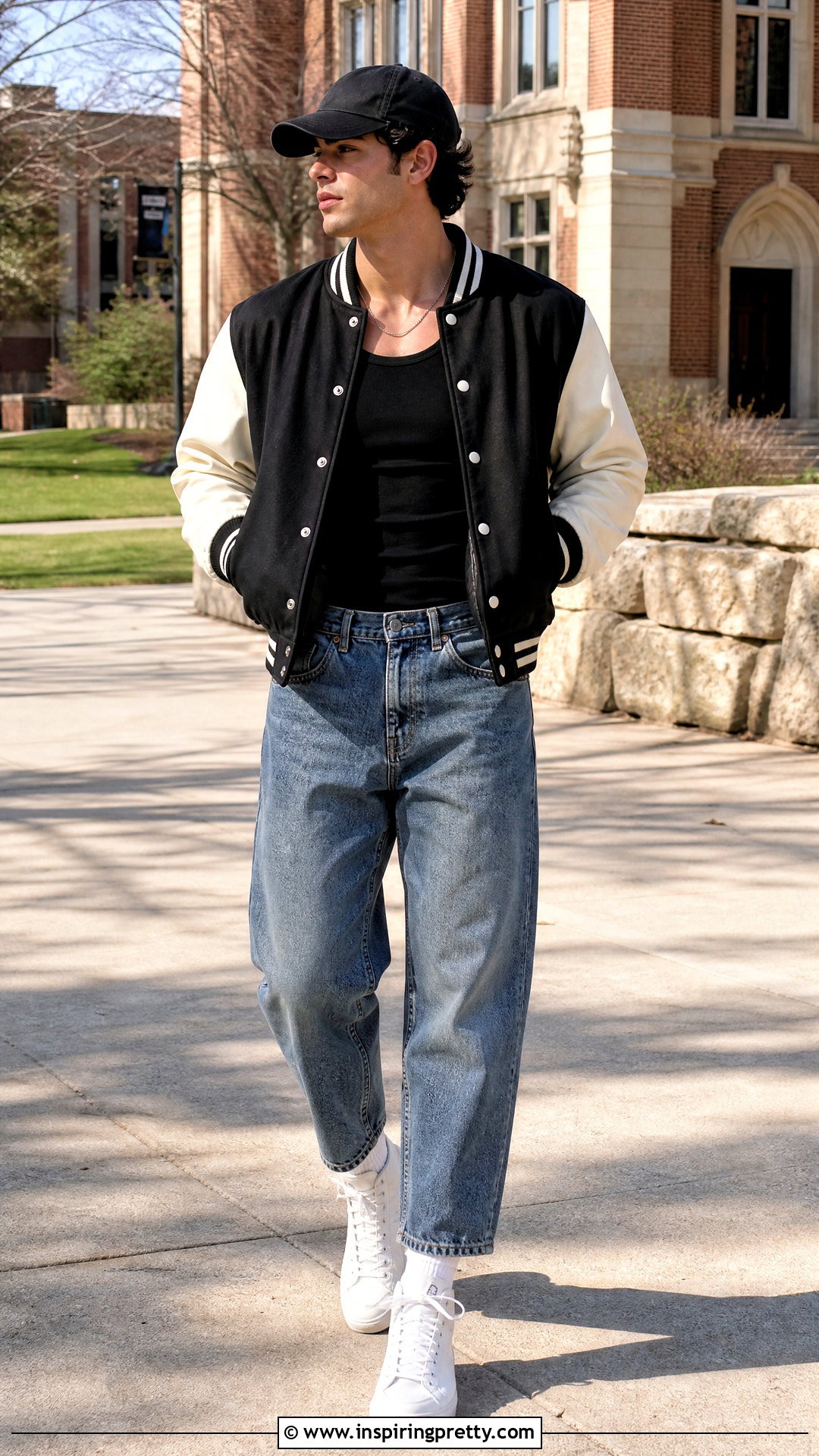 Black Tank Top With Varsity Jacket And Relaxed Jeans - 50 black tank top outfit men