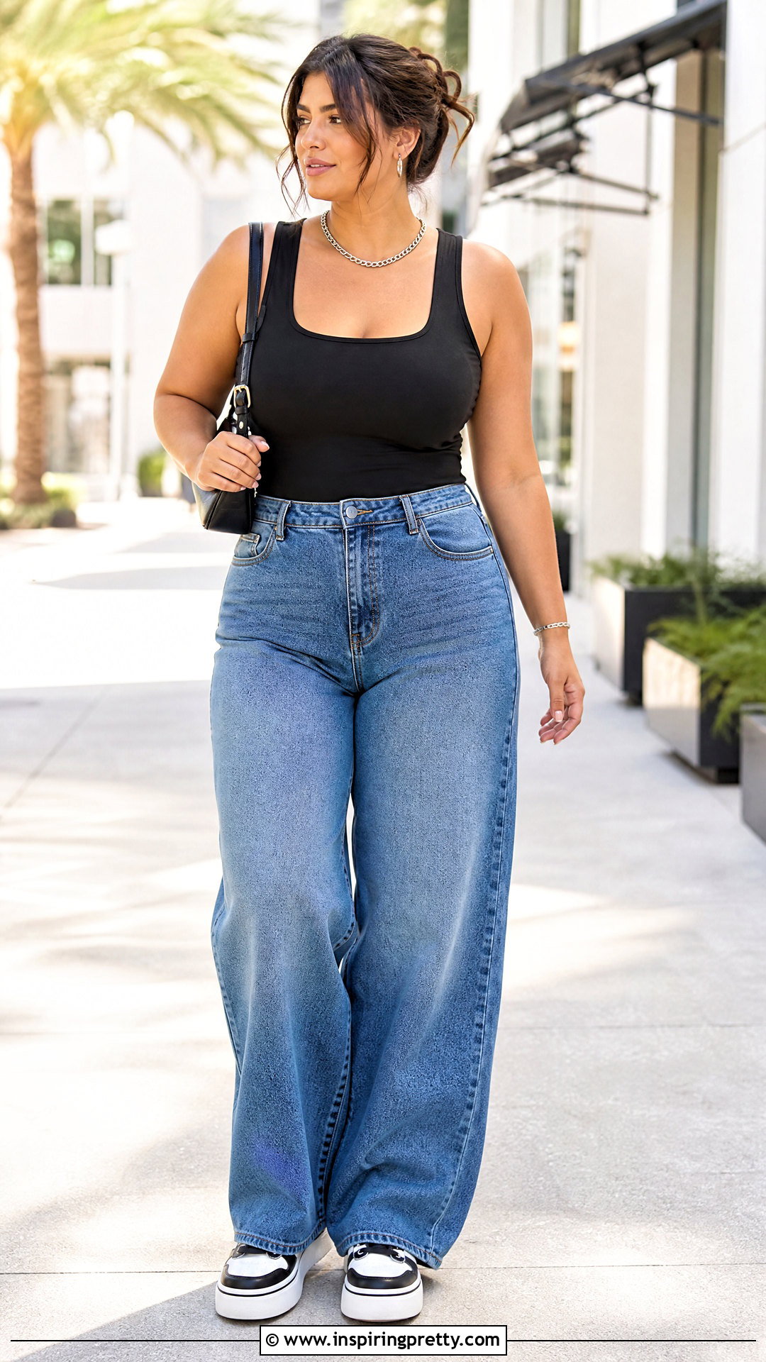 Black Tank Top With Wide Leg Blue Jeans And Sneakers - 50 black top and blue jeans outfit ideas
