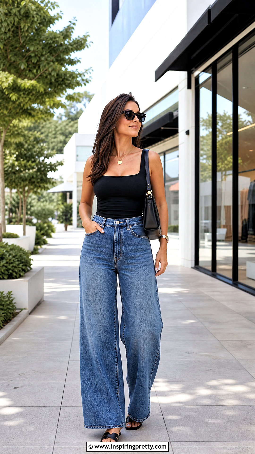 Black Tank Top With Wide Leg Jeans - 50 jeans top outfit for women