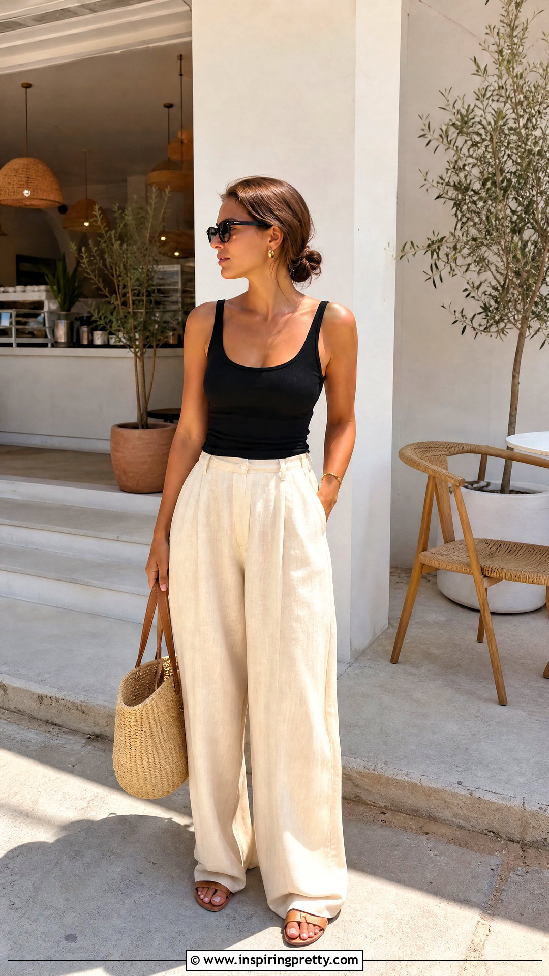 Black Tank Top With Wide Leg Linen Pants - 50 black top outfit casual ideas