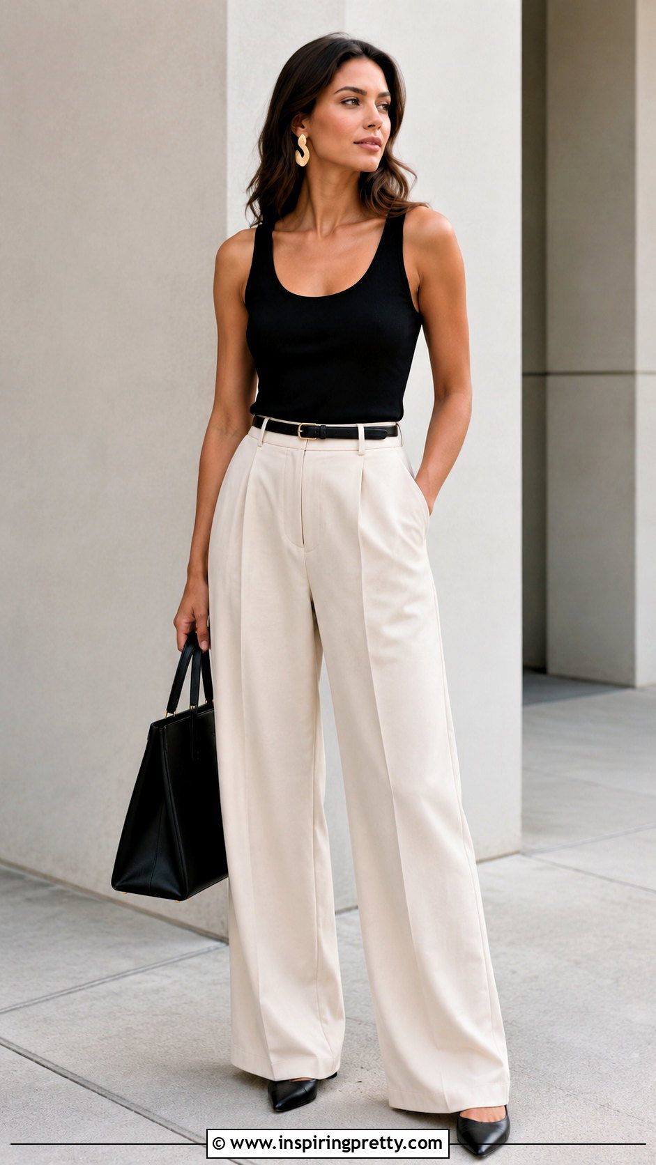 Black Tank Top With Wide Leg Trousers - 50 Women Tops Outfit ideas