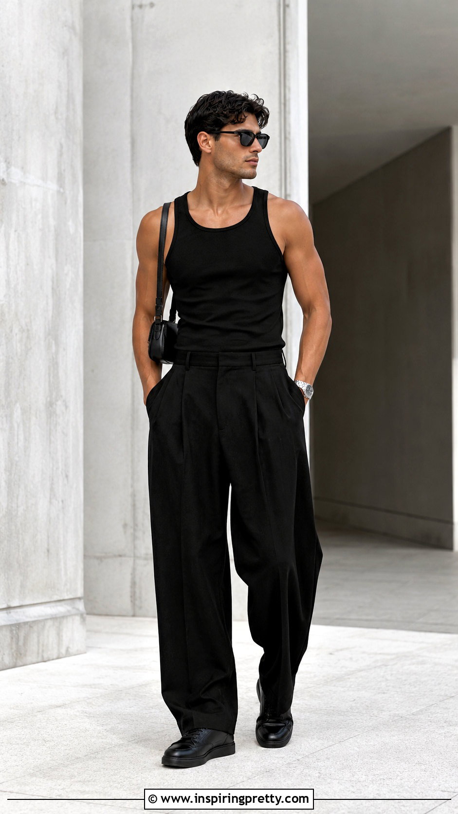 Black Tank Top With Wide Leg Trousers - 20 tank top mens outfit ideas