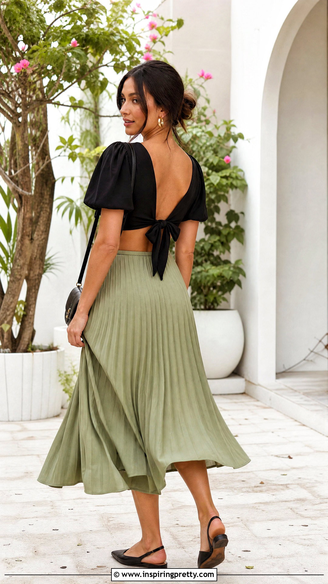 Black Tie Back Crop Top With Pleated Midi Skirt - 20 Black Tie Back Crop Top outfit ideas