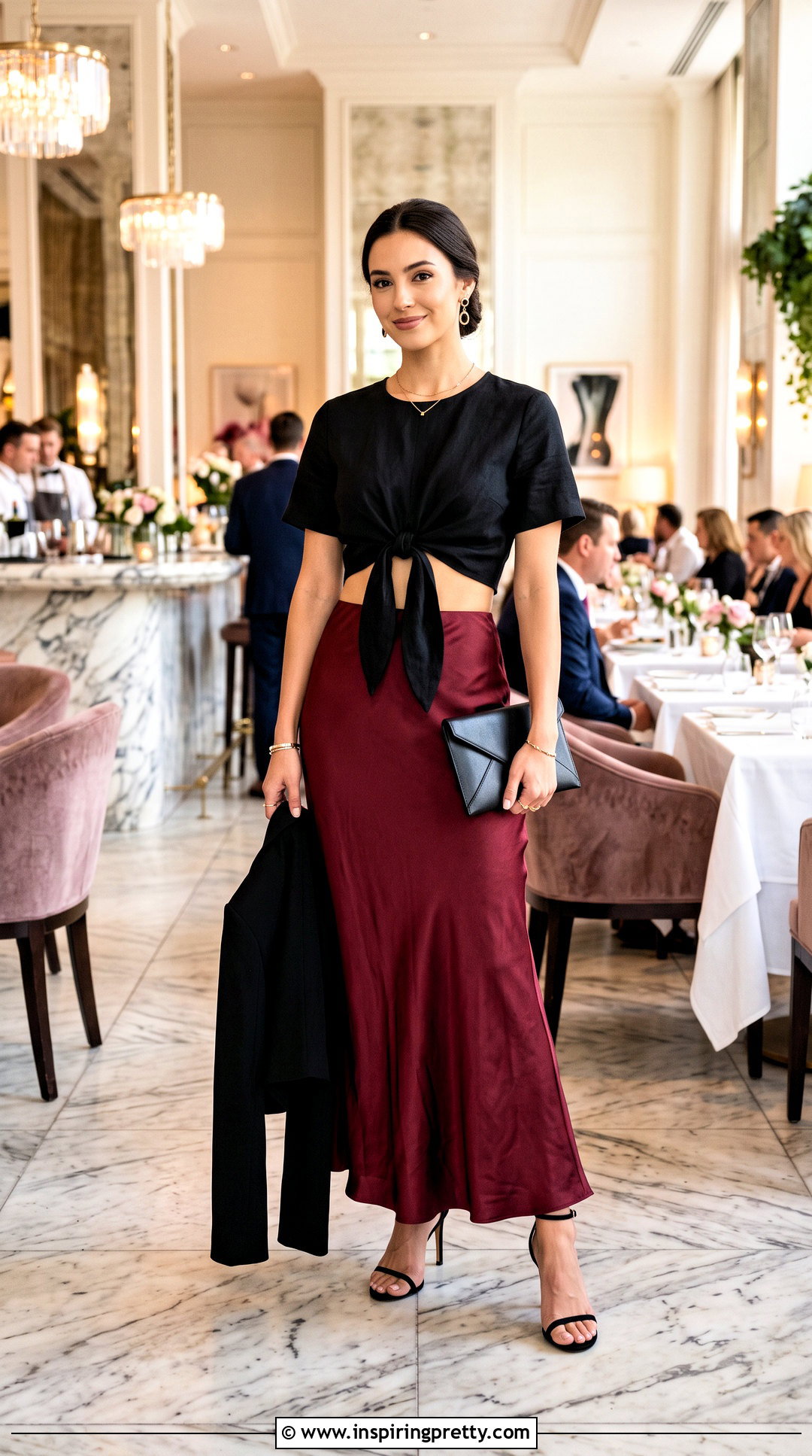Black Tie Front Crop Top With Bias Cut Maxi Skirt - 20 black tie front crop top outfit ideas
