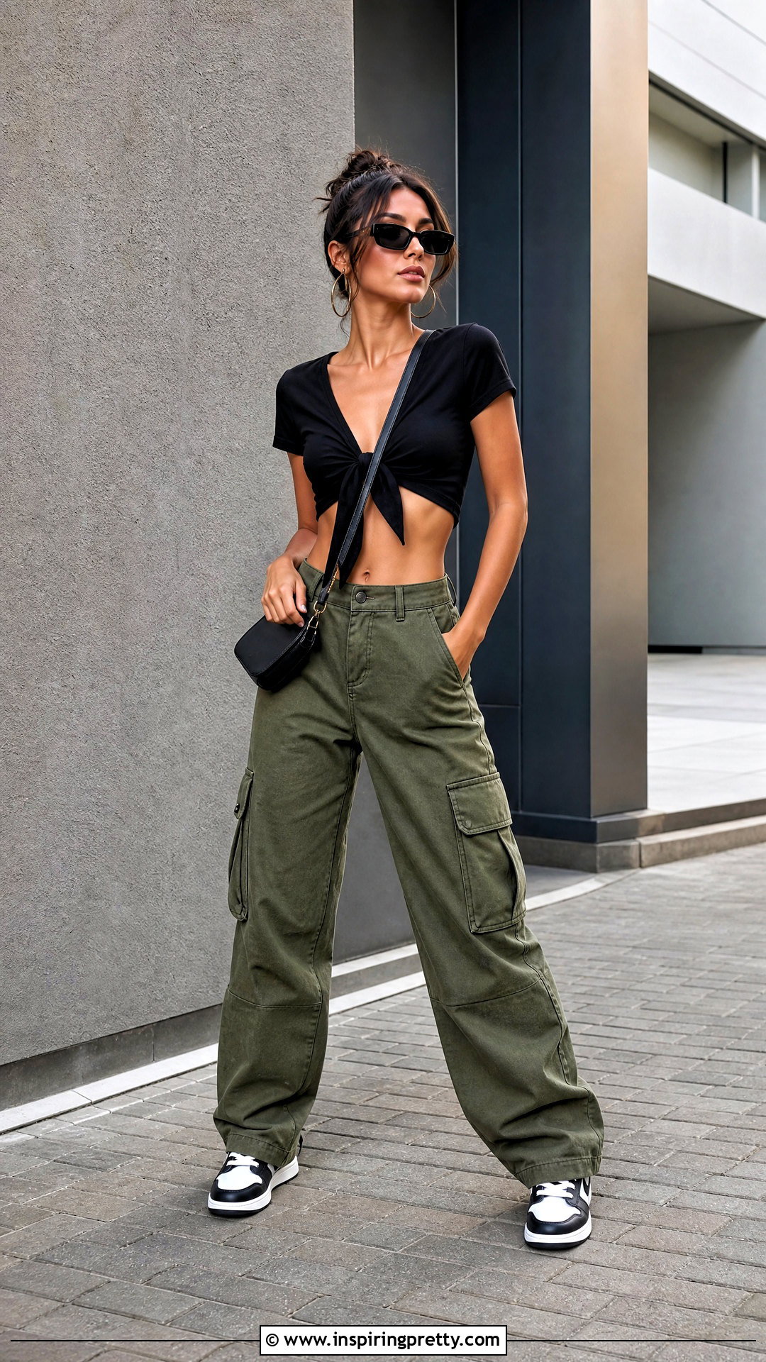 Black Tie Front Crop Top With Cargo Pants - 20 black tie front crop top outfit ideas