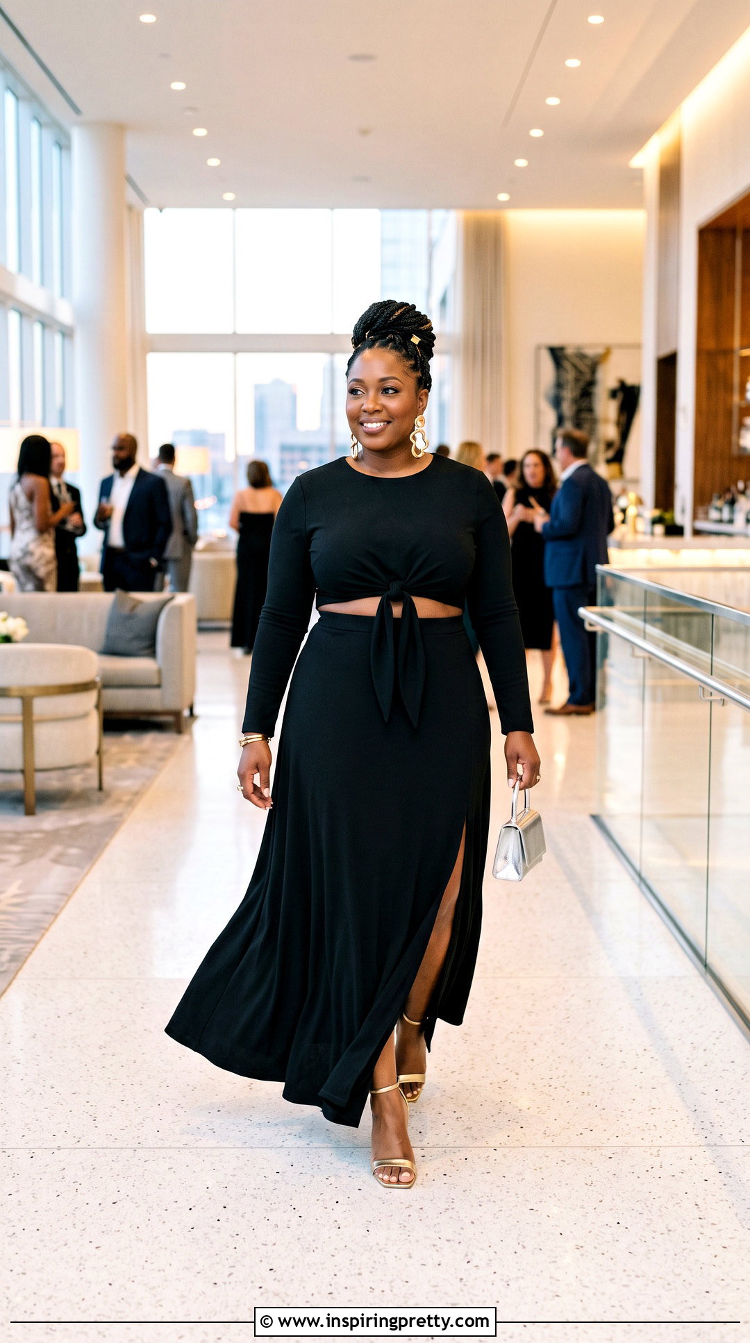 Black Tie Front Crop Top With Matching Maxi Skirt - 20 black tie front crop top outfit ideas