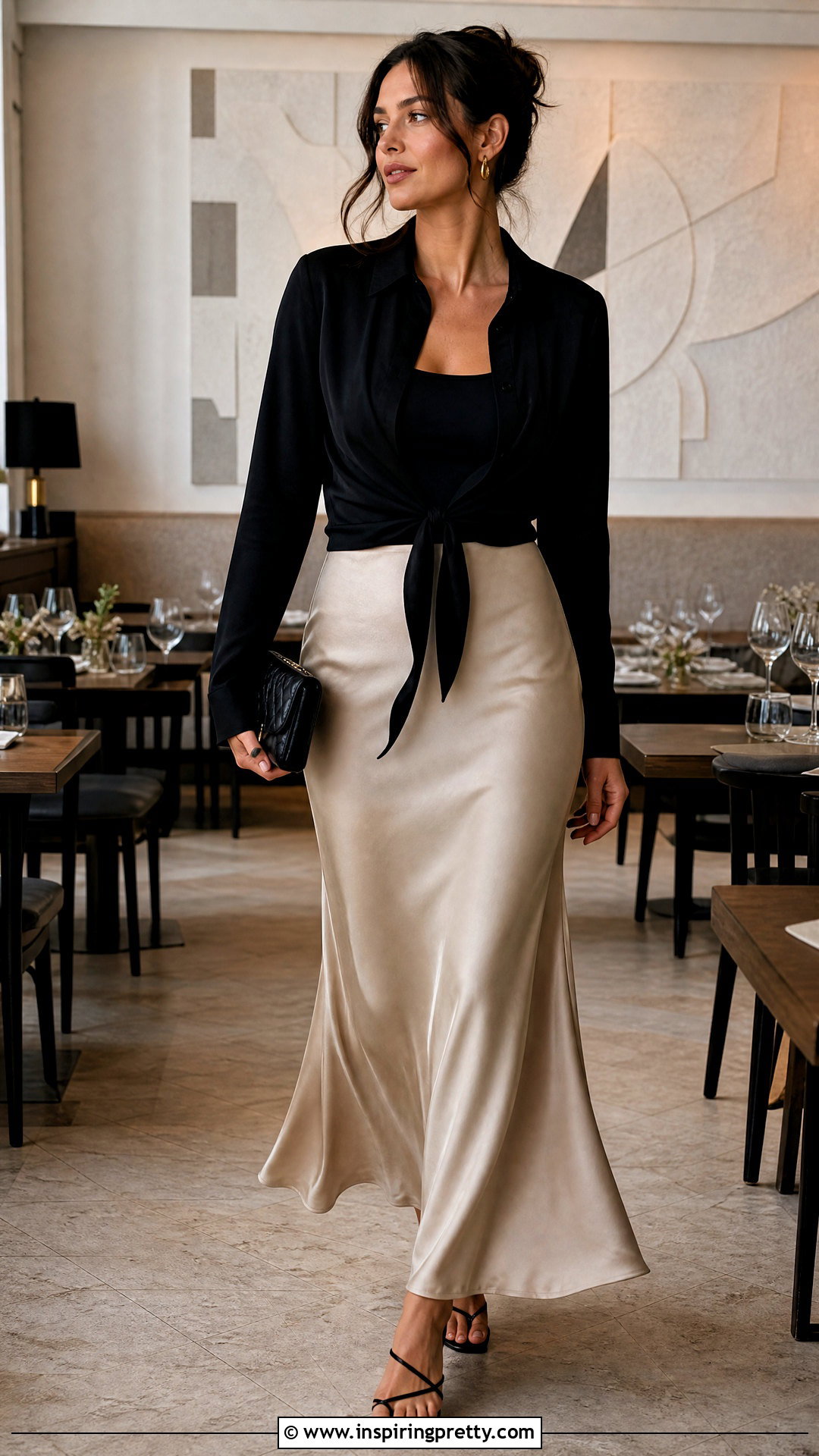 Black Tie Front Top With Satin Maxi Skirt - 50 black going out tops outfit ideas