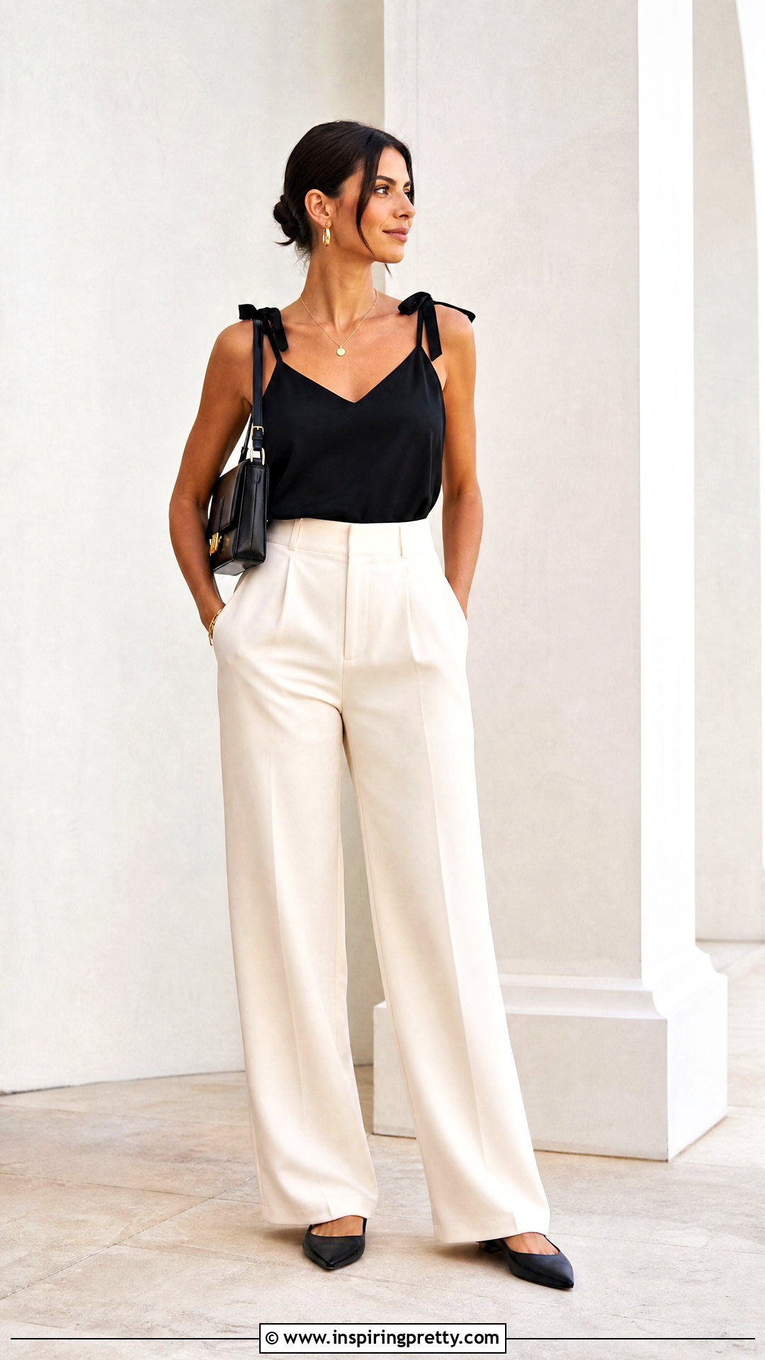 Black Tie Shoulder Top With Wide Leg Trousers - How To Style Tie-Shoulder Tops (20 Ways)