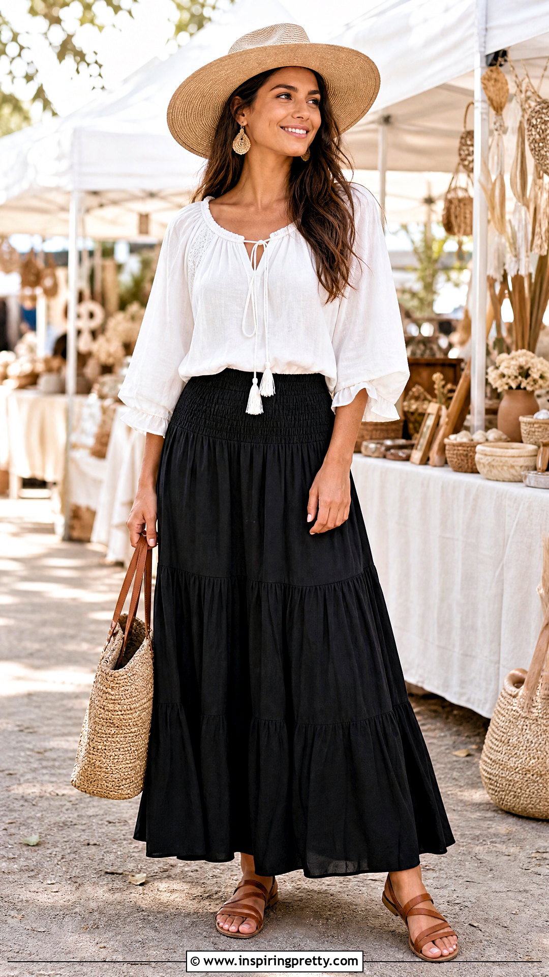Black Tiered Maxi Skirt And White Peasant Blouse Outfit - 50 Black Skirt And White Top Outfit ideas