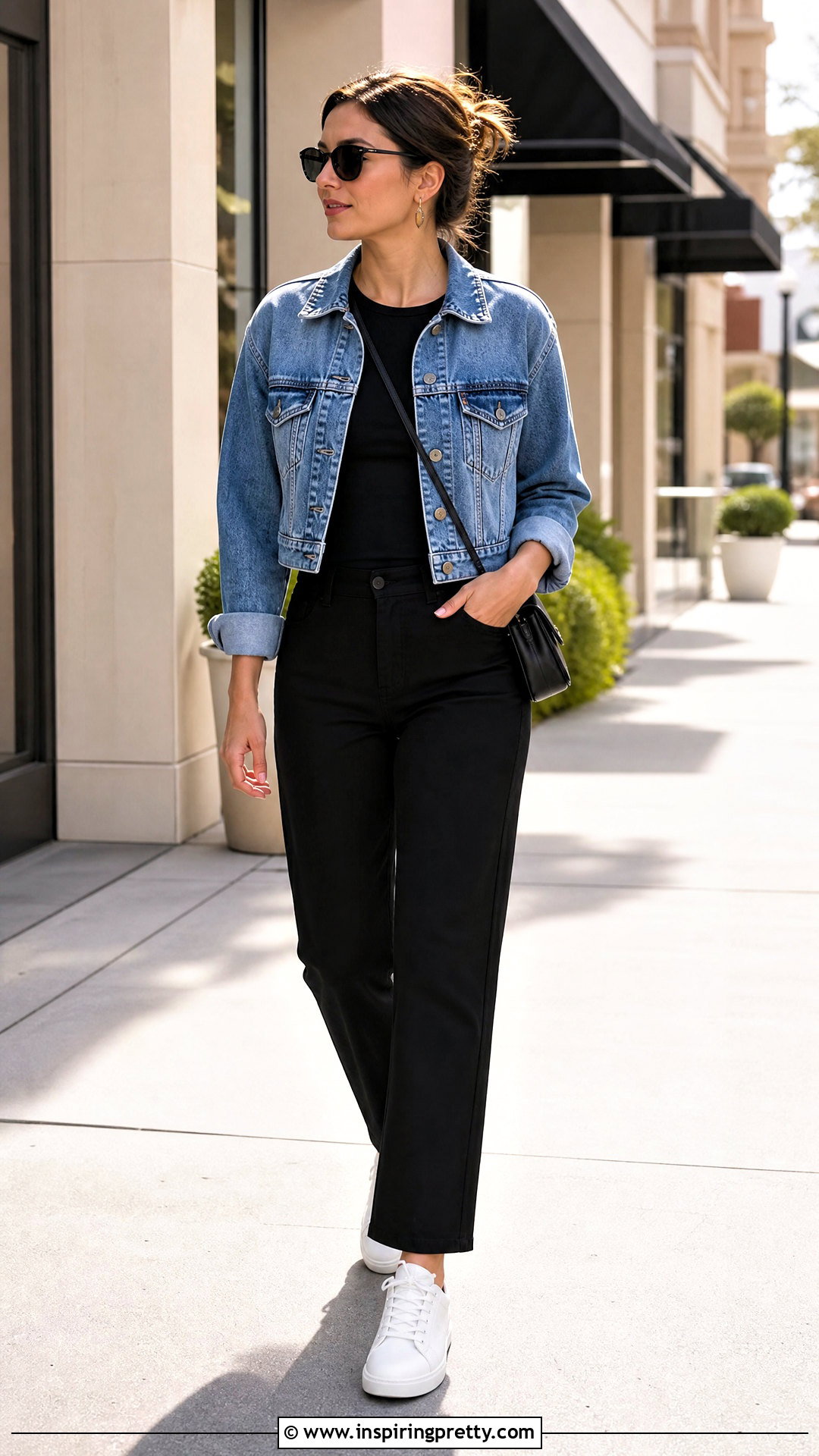 Black Top With Denim Jacket And Pants - 50 basic black top outfit ideas