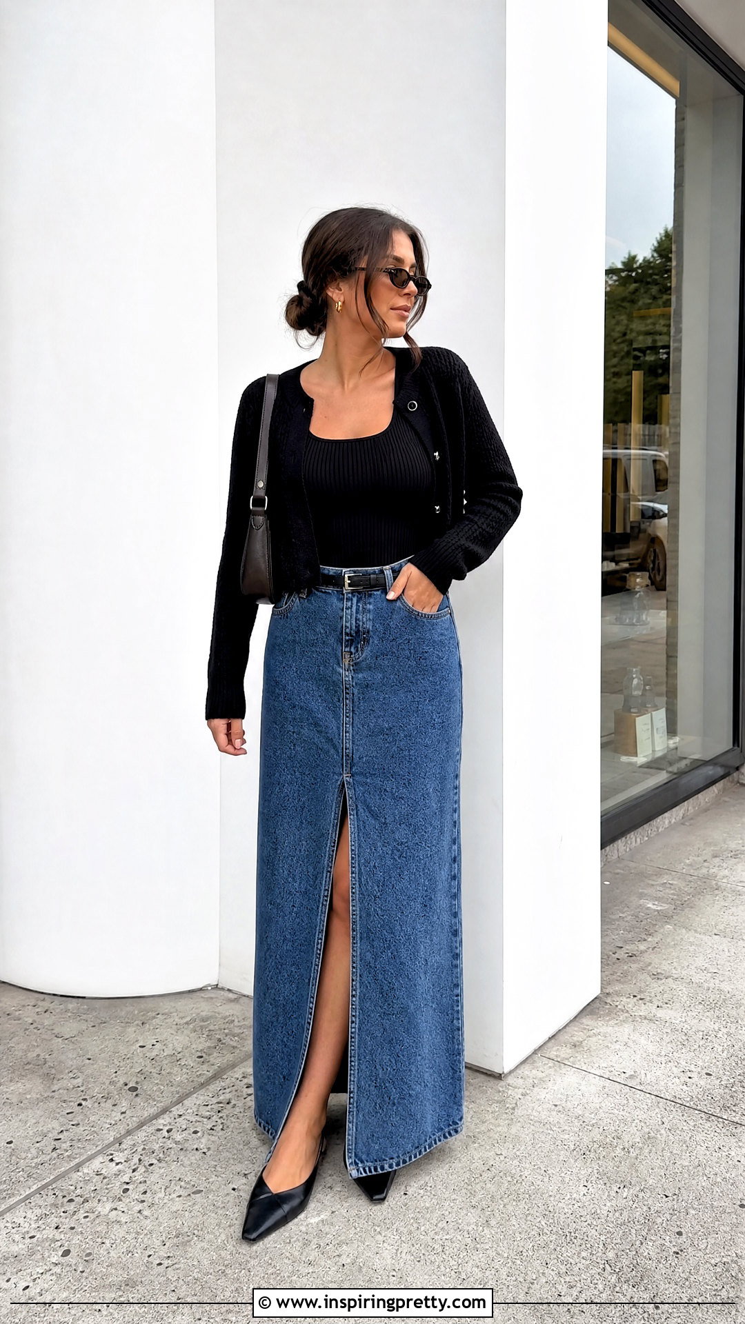 Black Top With Denim Maxi Skirt - 50 basic black top outfit ideas