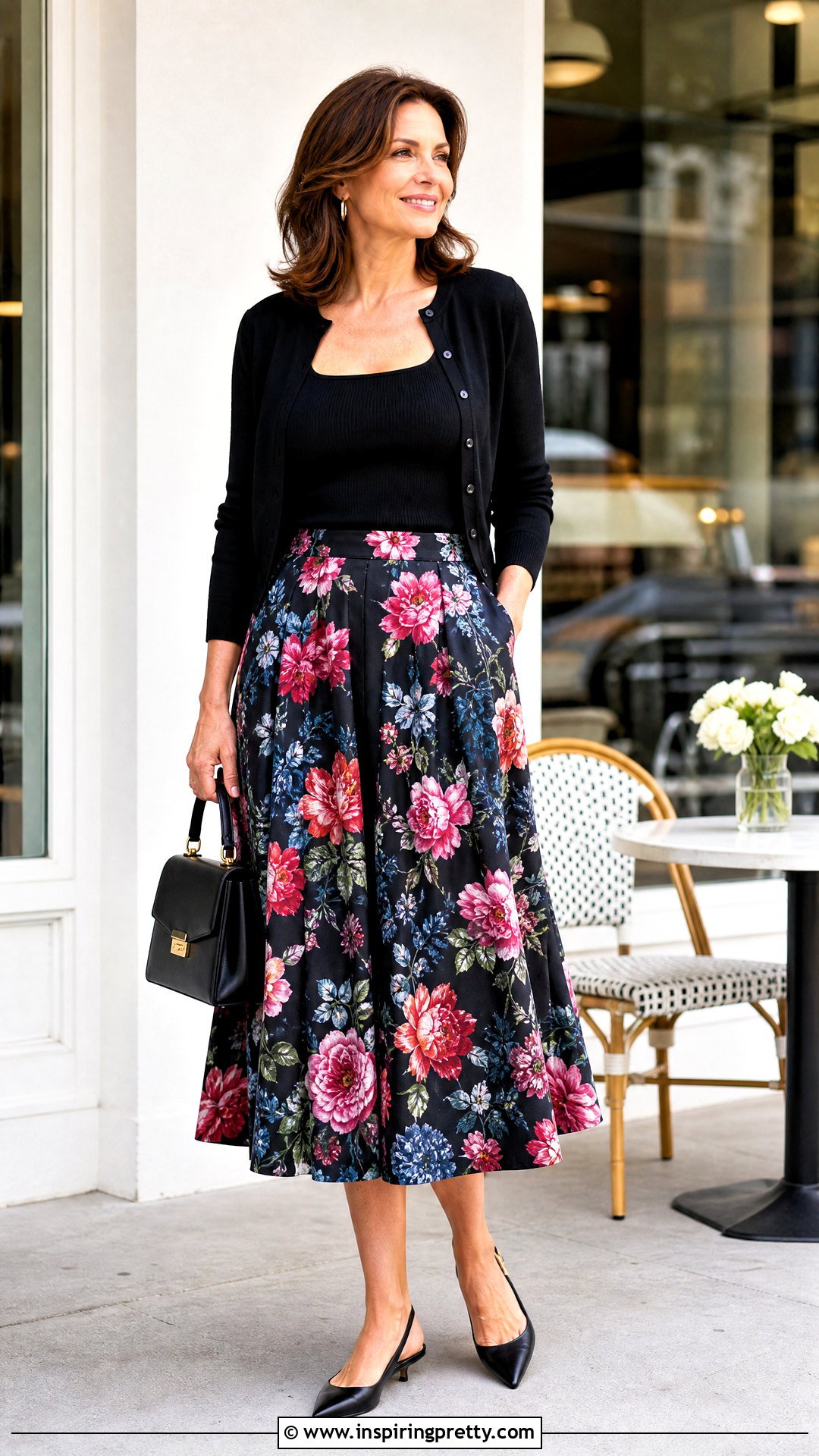 Black Top With Floral Midi Skirt - 50 spring tops outfit ideas
