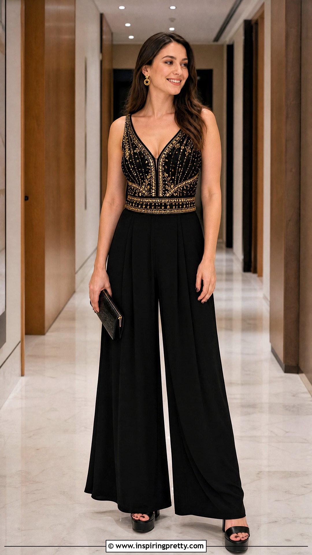 Black Top With Gold Beading And Palazzo Pants - 25 black top with gold detail outfit ideas