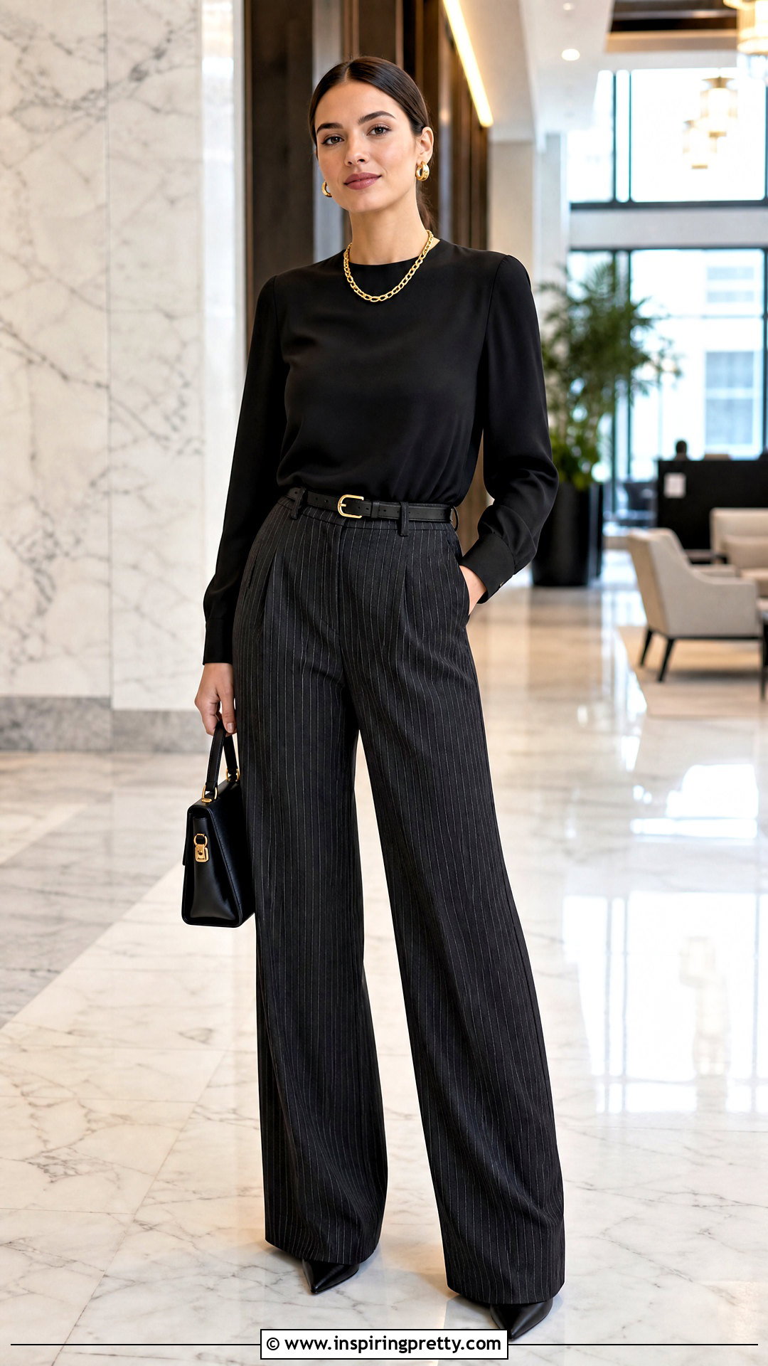 Black Top With Gold Chain And Pinstripe Trousers - 25 Black Top With Gold Chain outfit ideas