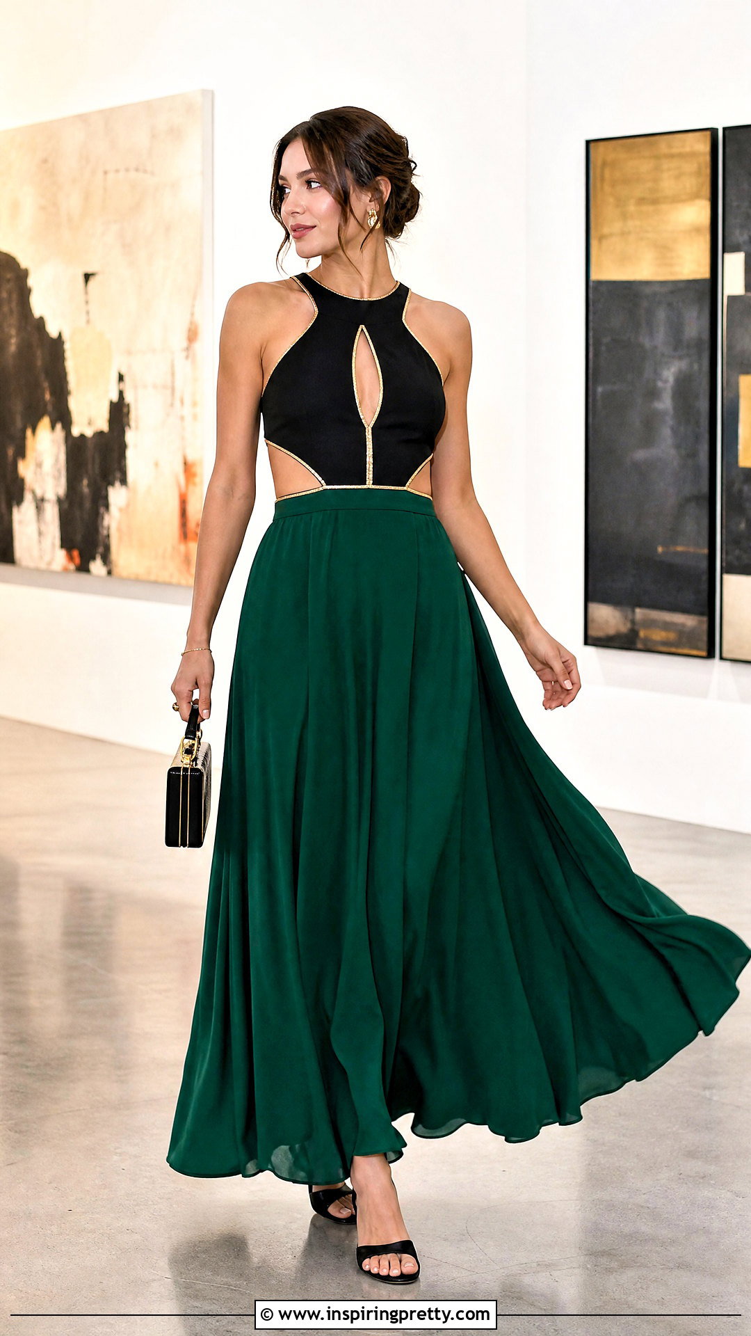 Black Top With Gold Cutout Detail And Maxi Skirt - 25 black top with gold detail outfit ideas