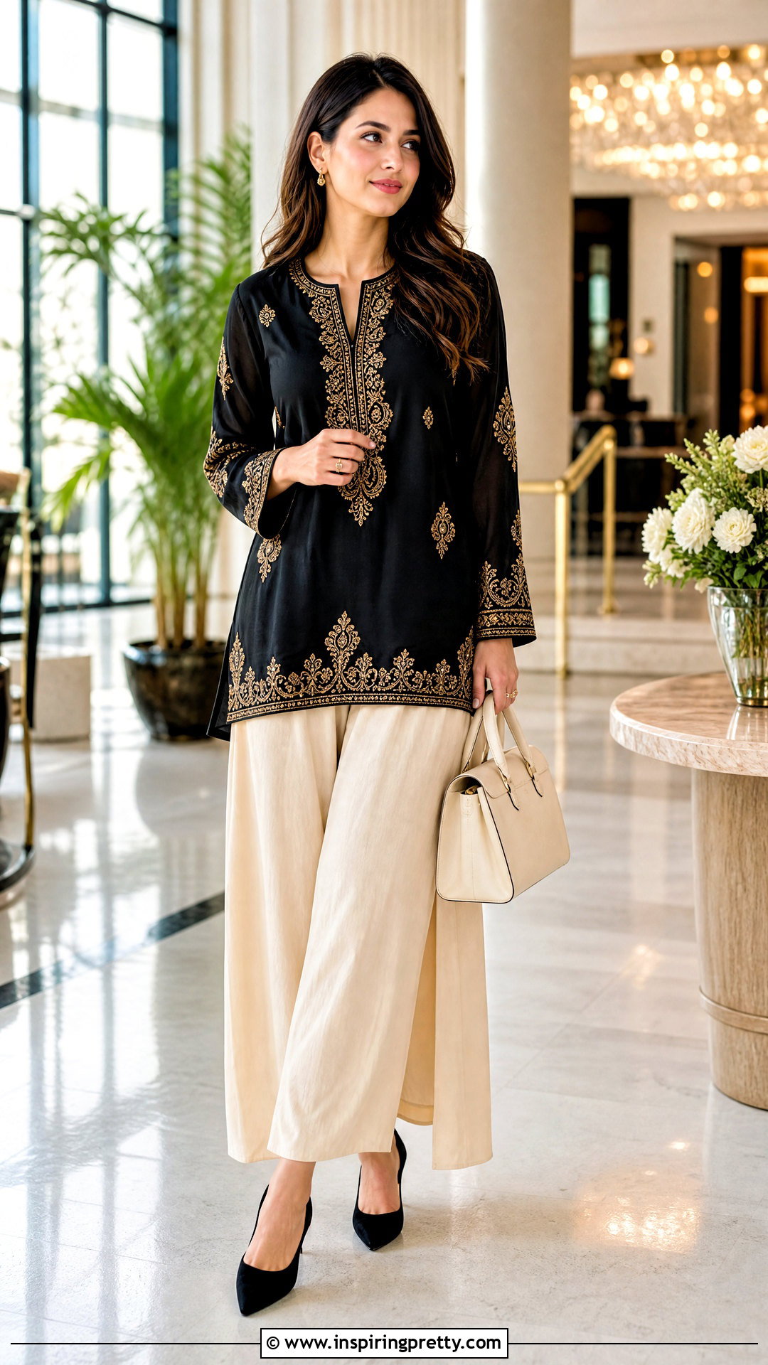 Black Top With Gold Embroidery And Cream Pants - 25 black top with gold detail outfit ideas