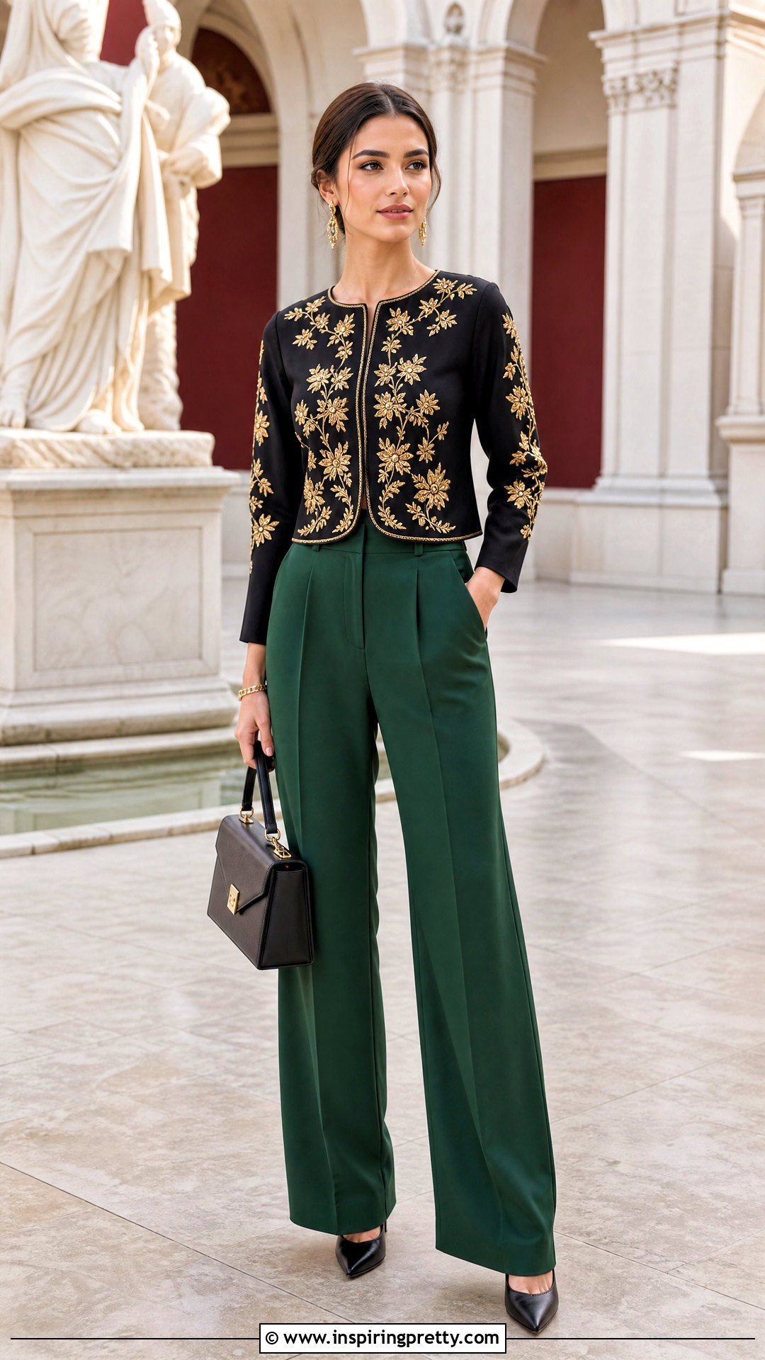 Black Top With Gold Floral Detail And Green Trousers - 25 black top with gold detail outfit ideas
