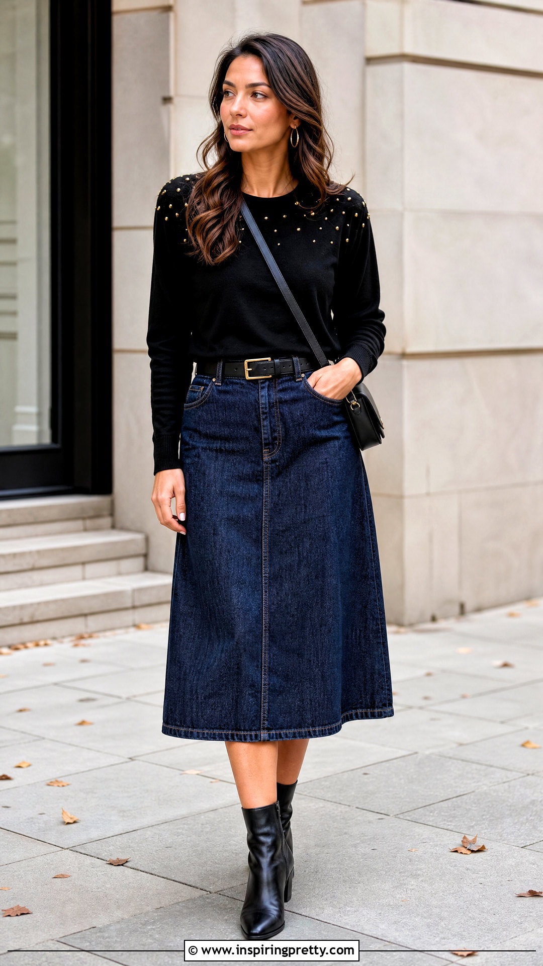 Black Top With Gold Studs And Denim Skirt - 25 black top with gold detail outfit ideas