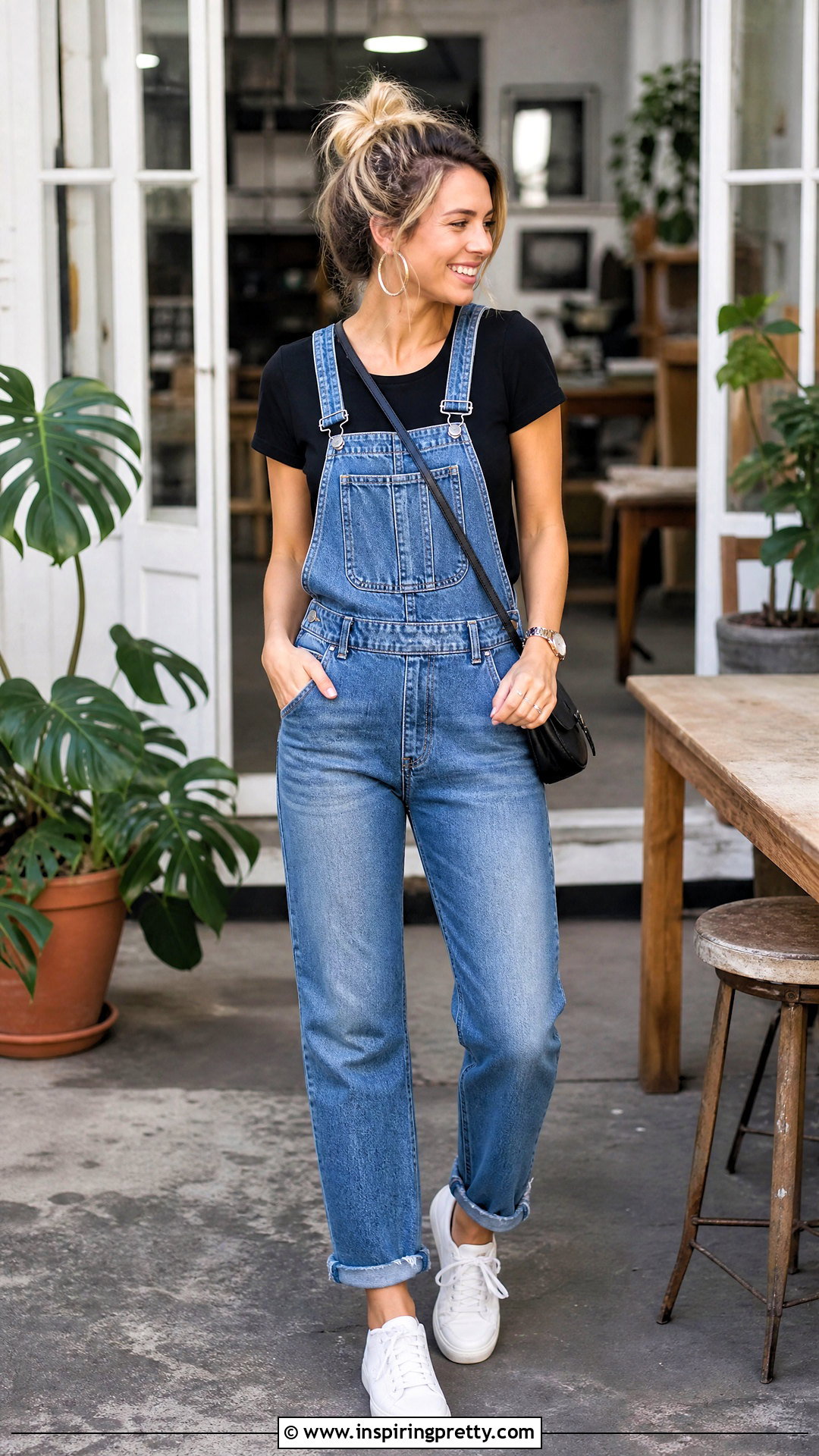 Black Top With Overalls - 50 basic black top outfit ideas