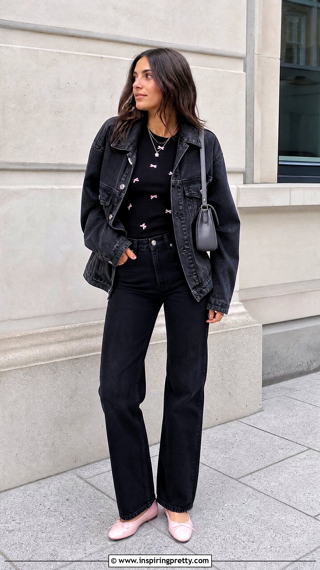 Black Top With Pink Bows And Black Denim Jeans - 25 Black Top With Pink Bows