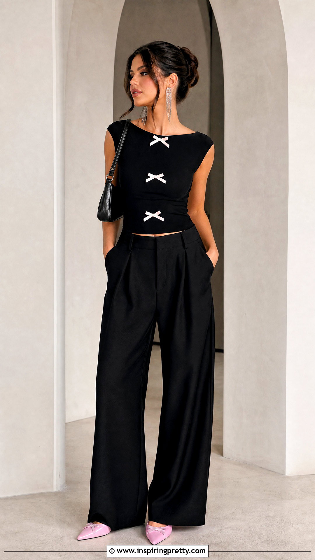 Black Top With Pink Bows And Black Wide Leg Pants - 25 Black Top With Pink Bows