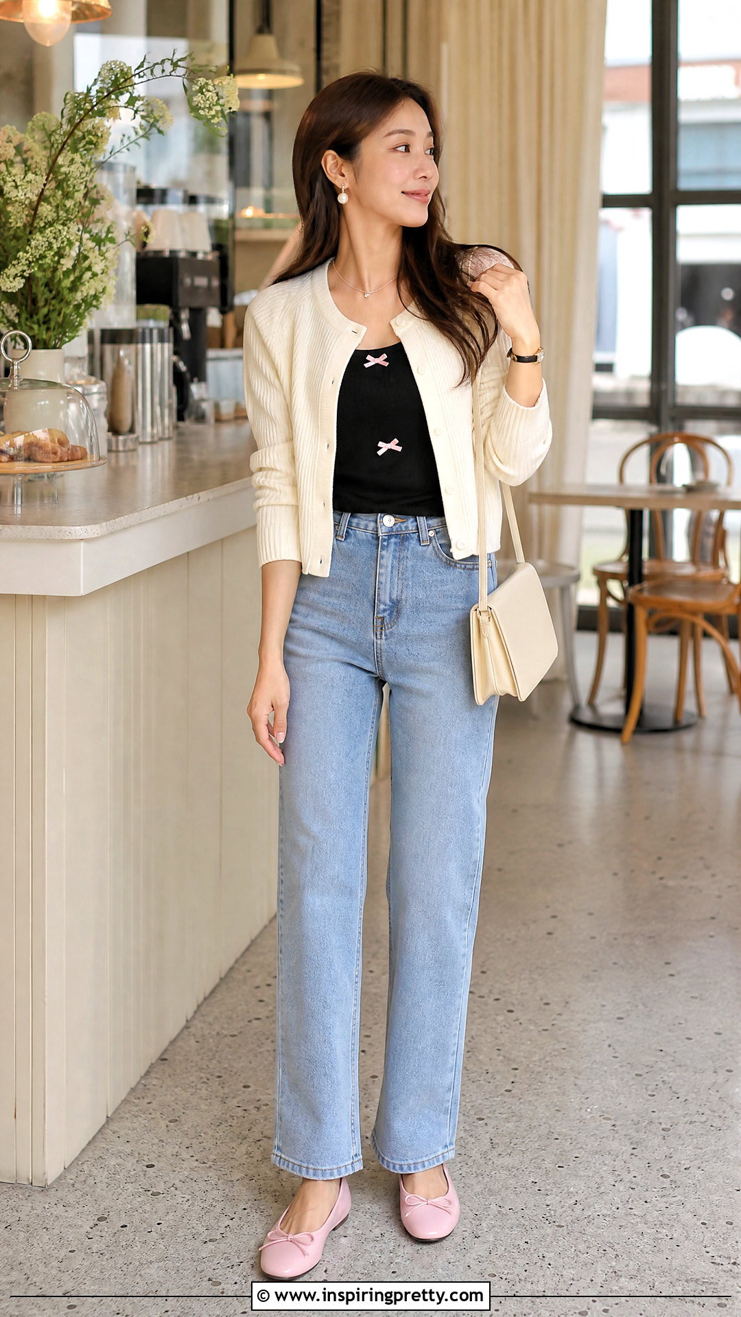 Black Top With Pink Bows And Cream Cardigan - 25 Black Top With Pink Bows