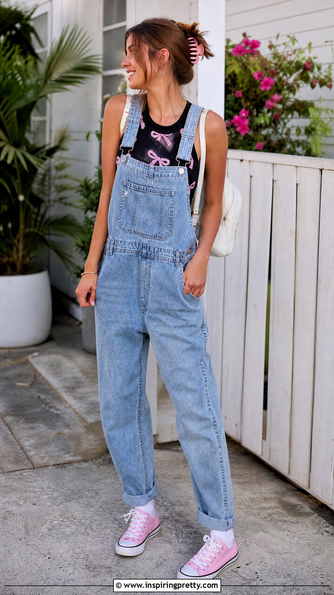 Black Top With Pink Bows And Denim Overalls - 25 Black Top With Pink Bows