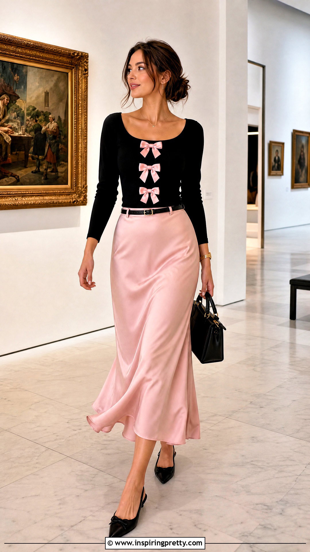 Black Top With Pink Bows And Pink Midi Skirt - 25 Black Top With Pink Bows