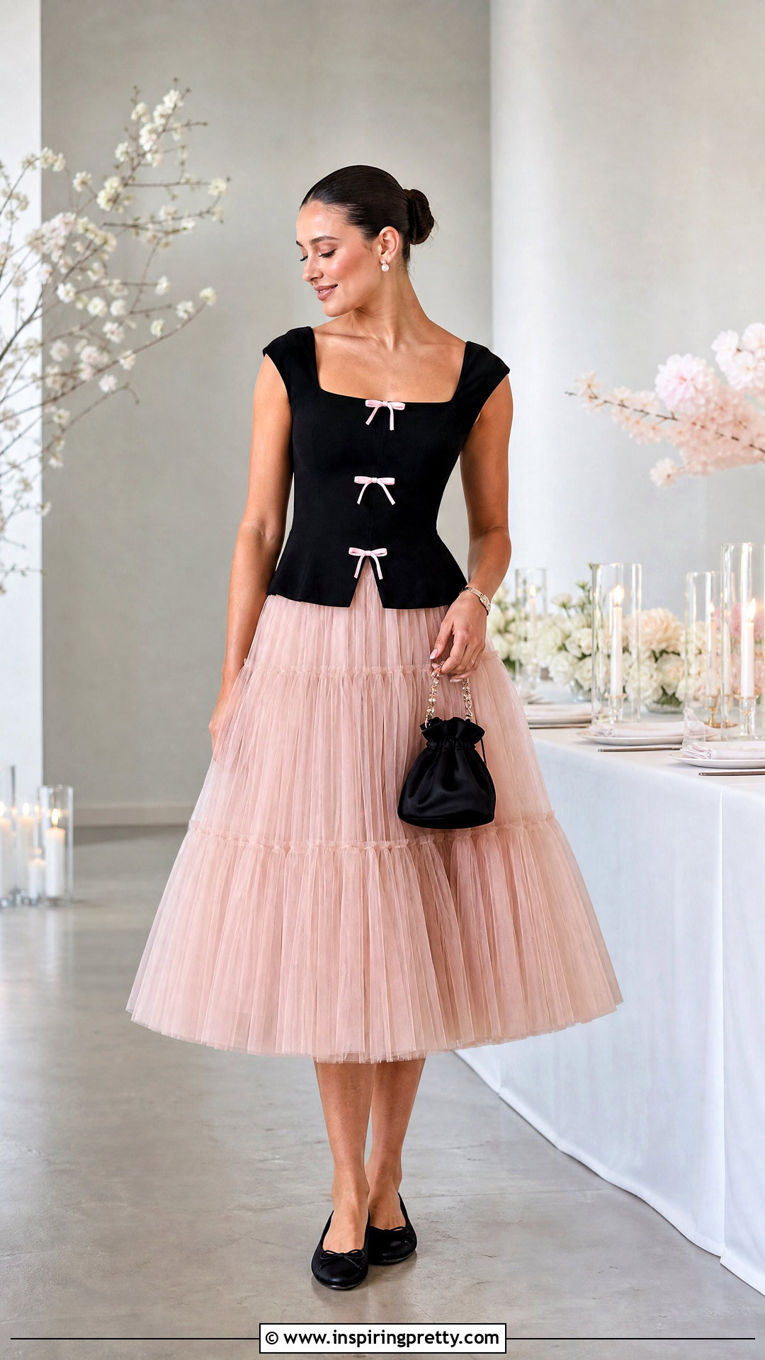 Black Top With Pink Bows And Tulle Midi Skirt - 25 Black Top With Pink Bows