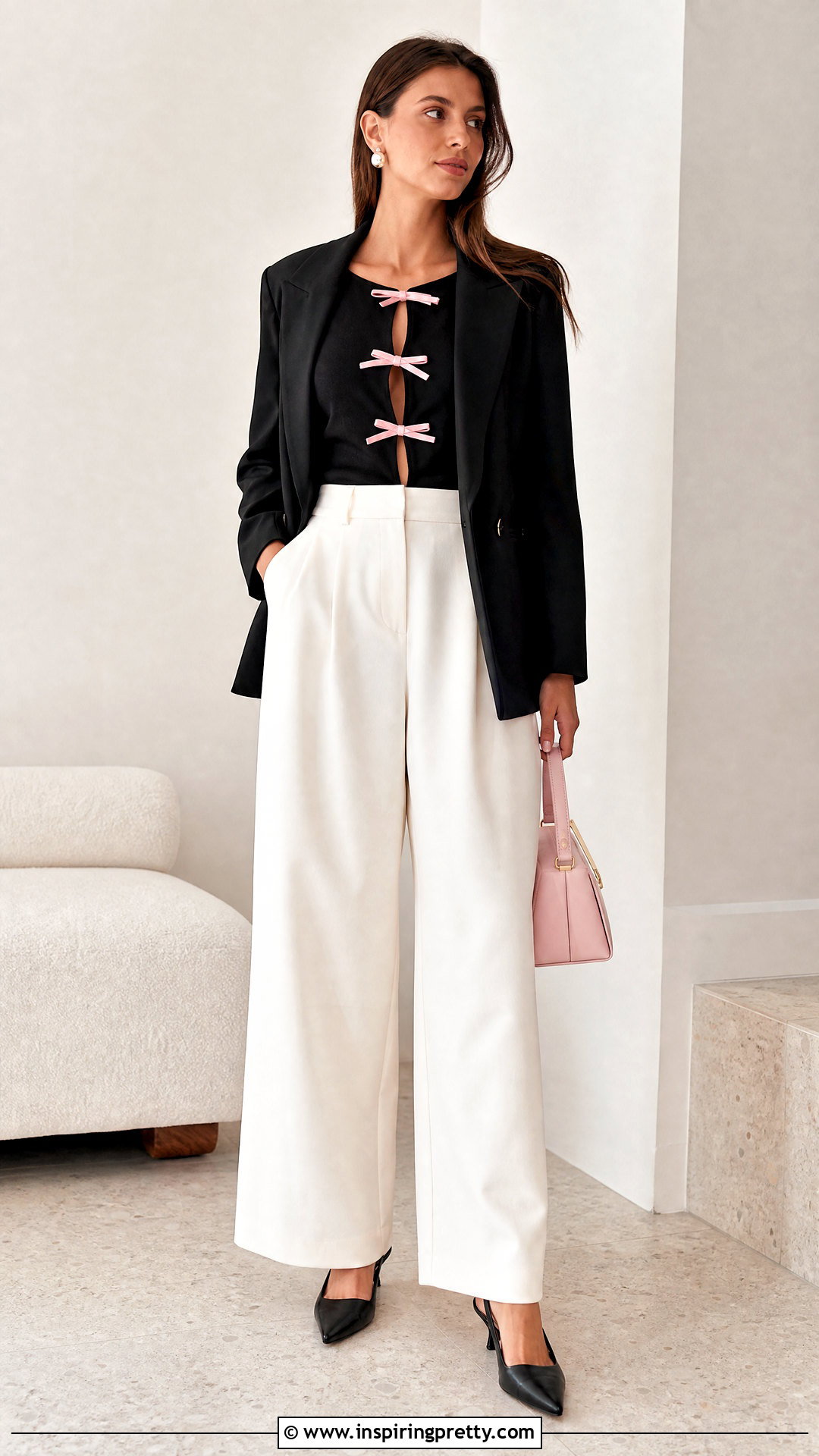 Black Top With Pink Bows And White Trousers - 25 Black Top With Pink Bows