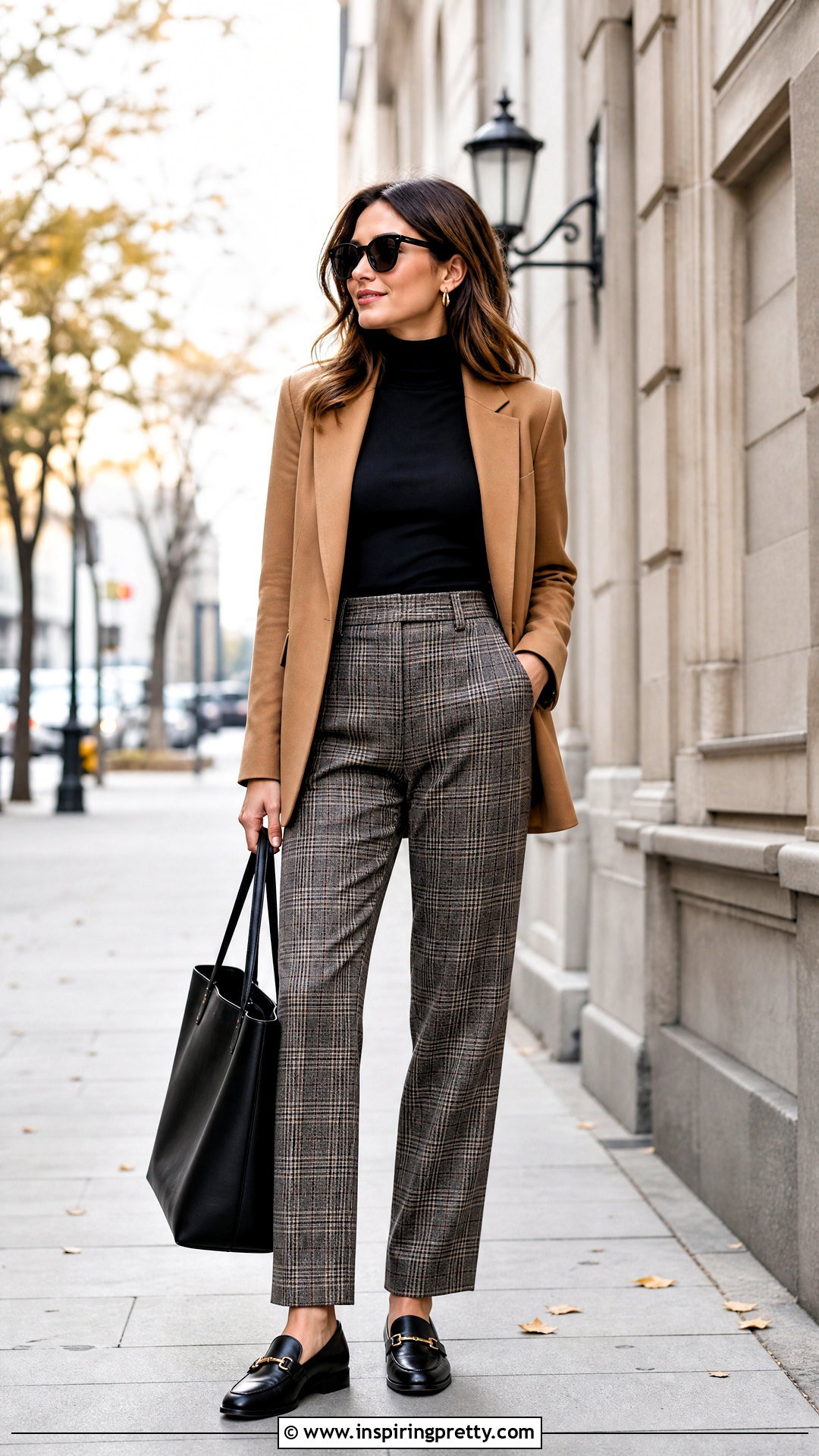 Black Top With Plaid Trousers - 50 black top outfit ideas