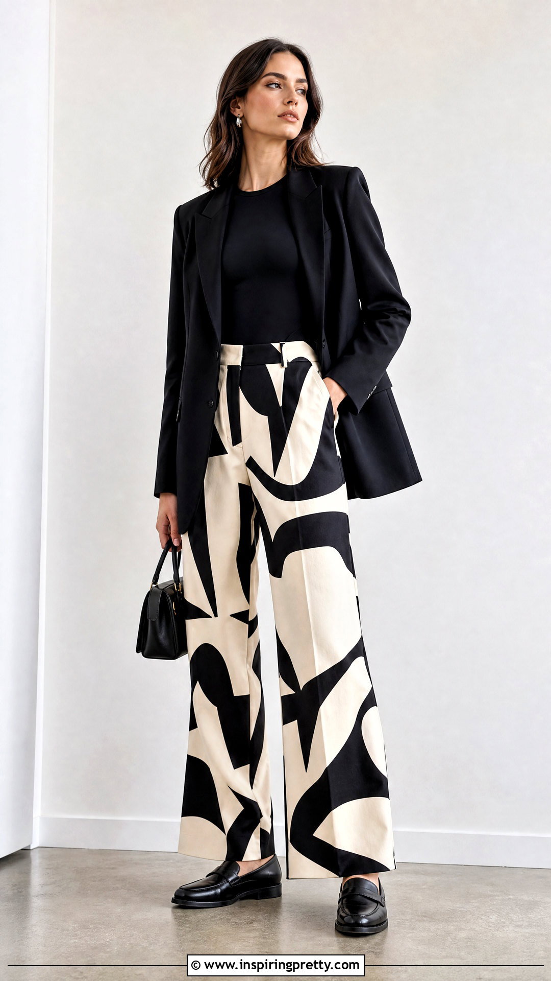 Black Top With Printed Pants - 50 basic black top outfit ideas